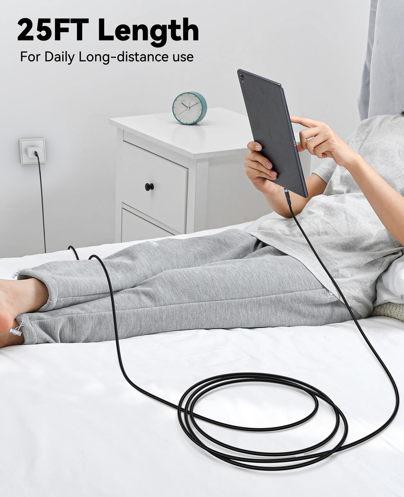 Cable USB C de 25 pies de carga rápida de 12 W, cable de carga USB A 2.0 a USB-C de 25 pies, 480 Mbps, transferencia de datos tipo C, trenzado negro para iPhone 17/16/15, Galaxy S25/24/23, Pixel XL/2