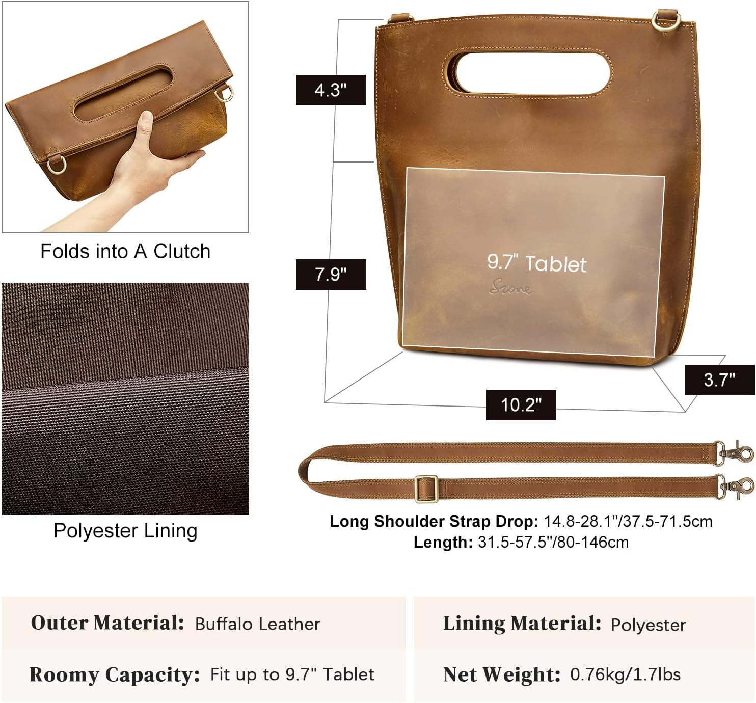 S-ZONE Women Vintage Genuine Leather Crossbody Bag Distressed Foldable Clutch Top Handle Handbag Purse - Image 4