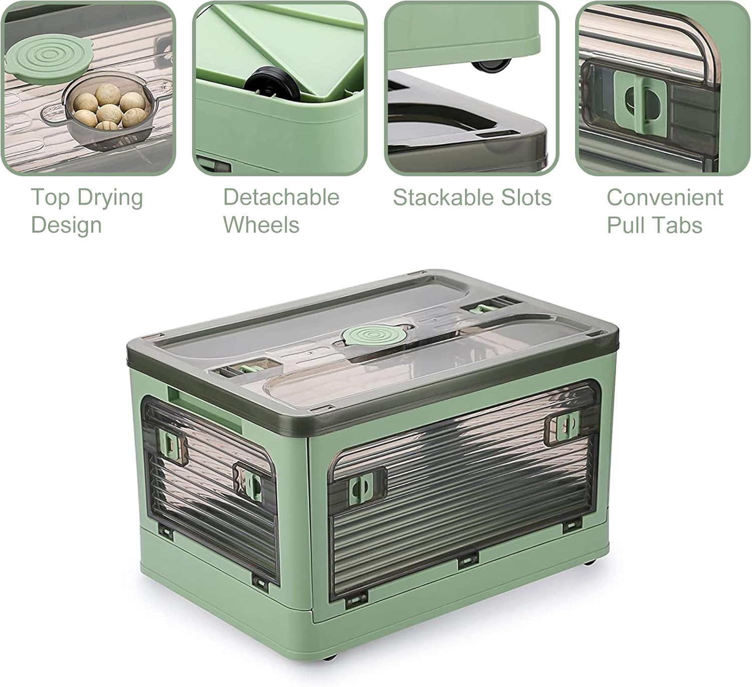 2 Pack Plastic 4 Doors Collapsible Storage Bins with Lid & Wheels, 36 Liters Folding Storage Bins, Stackable Multifunctional Box for Camping Clothes Snack Storage