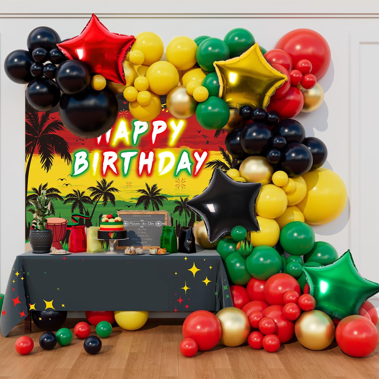 Reggae Happy Birthday Sfondo 3,5 x 2,4 m rastafari giamaicano palma reggae decorazioni per feste di sfondo musica estiva a tema decorazioni per feste di compleanno forniture puntelli fotografici