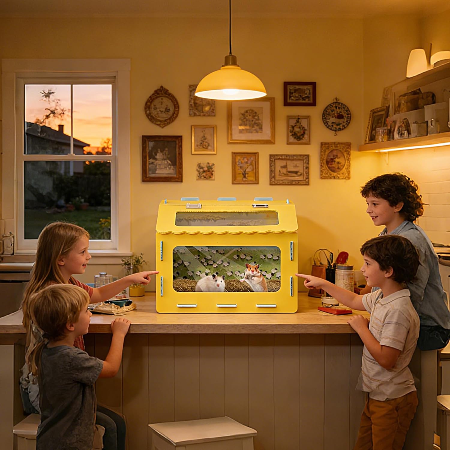 Reptile Terrarium, Large Capacity Landscape Habitat 15.74x11.81x11.81-inch Snake Tank with Clear Viewing Panel for Hamster, Hedgehog, Turtle, Frog, Chick