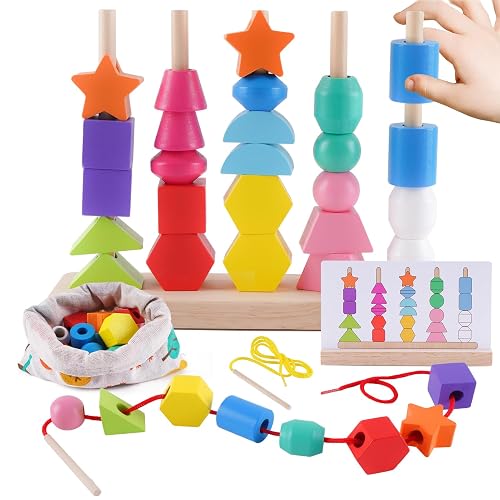 Montessori Spielzeug ab 3 4 5 Jahre, Holzspielzeug Steckspiel Fädelspiel
