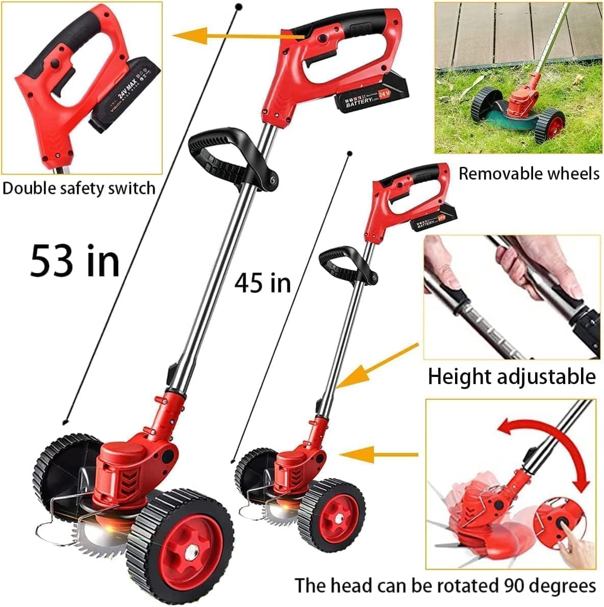 Electric Weed Wacker 3 in 1 Cordless Grass Trimmer 24v Weed Wacker Battery Operated Lightweight Weed Trimmer Brush Cutter with 2pcs Batteries and 3 Types Blades&Auxiliary Wheel for Garden