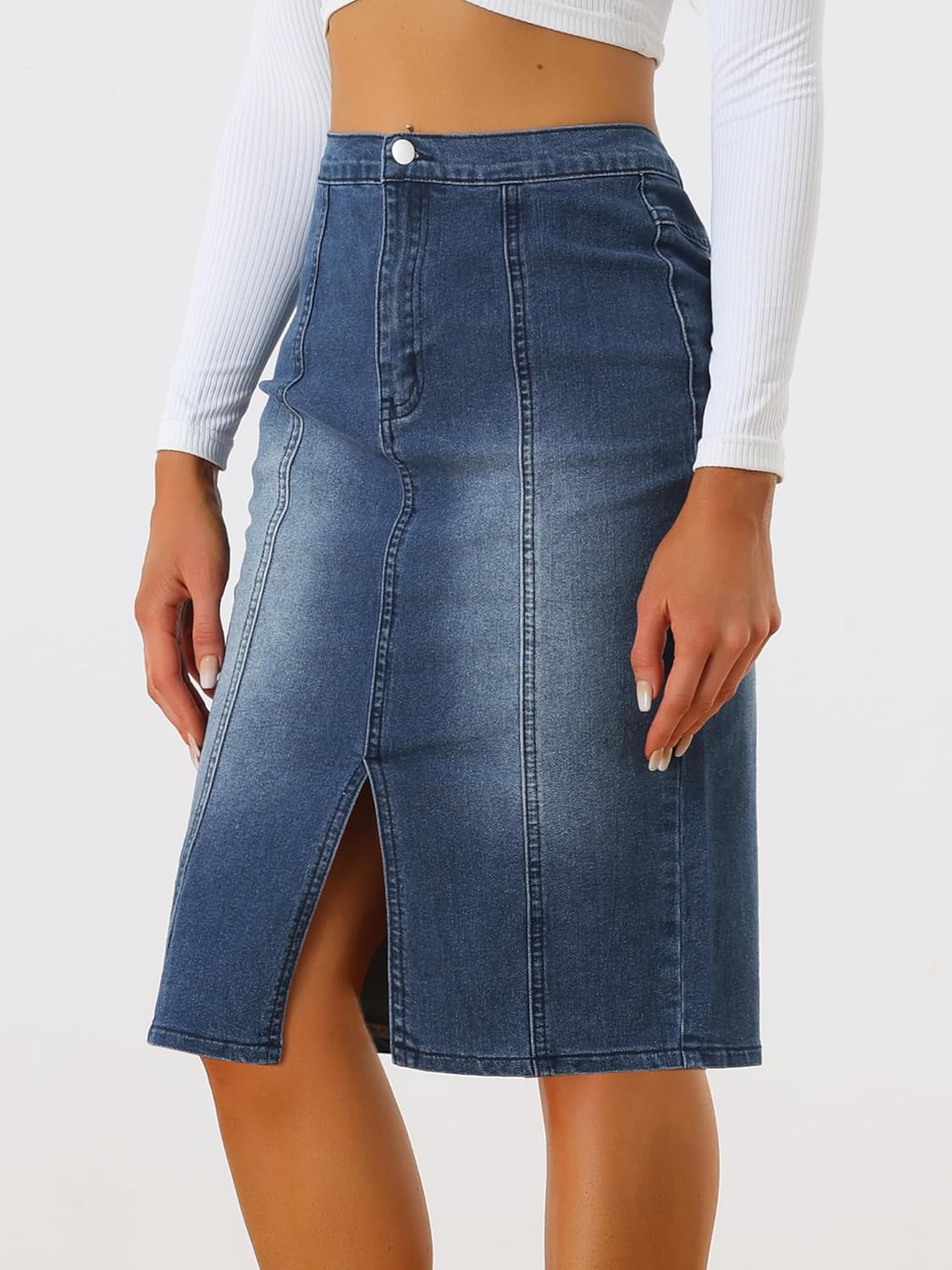 Allegra K Women's Denim Skirt High Waist Slit Hem Stretch Bodycon Pencil Skirt Knee Length Jean Skirts - Image 2