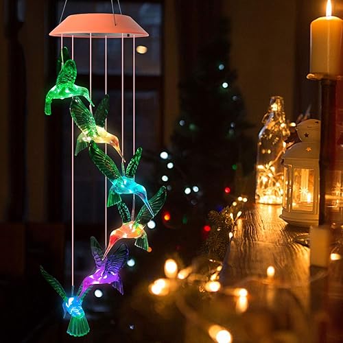 Miniatura 7 de JOBOSI Red Cap Green Colibrí Carillones de viento Regalos para mamá Carillones de viento Solares Colibríes Campanas de viento Brillantes Decoración