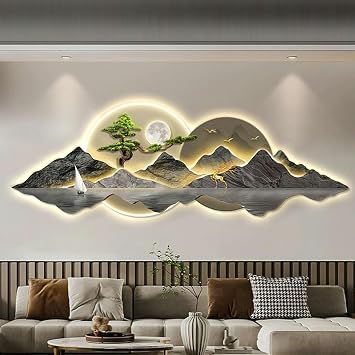 XENITE Wall Sculptures Painting 3D Wall Art Decor, New Chinese Style Living Room Led Light Decorative Painting Wall Lamp Painting, Modern Restaurant Landscape Painting Wall Paintings Artwork/1
