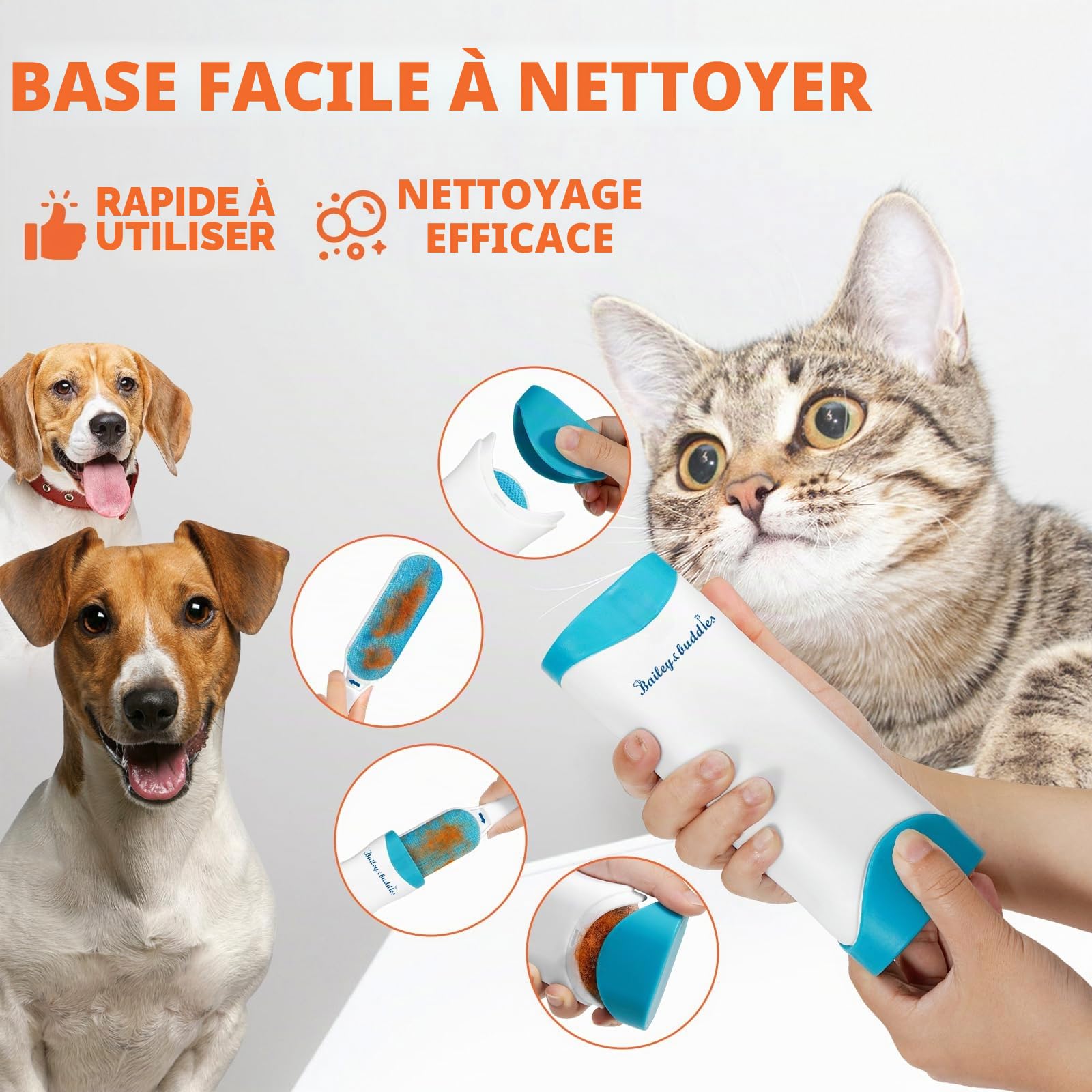 Bailey & buddies Brosse à poils d'animaux de compagnie, base autonettoyante, anti-peluches réutilisable, enlève les poils de chat et de chien, peluches de tapis et canapé, vêtements