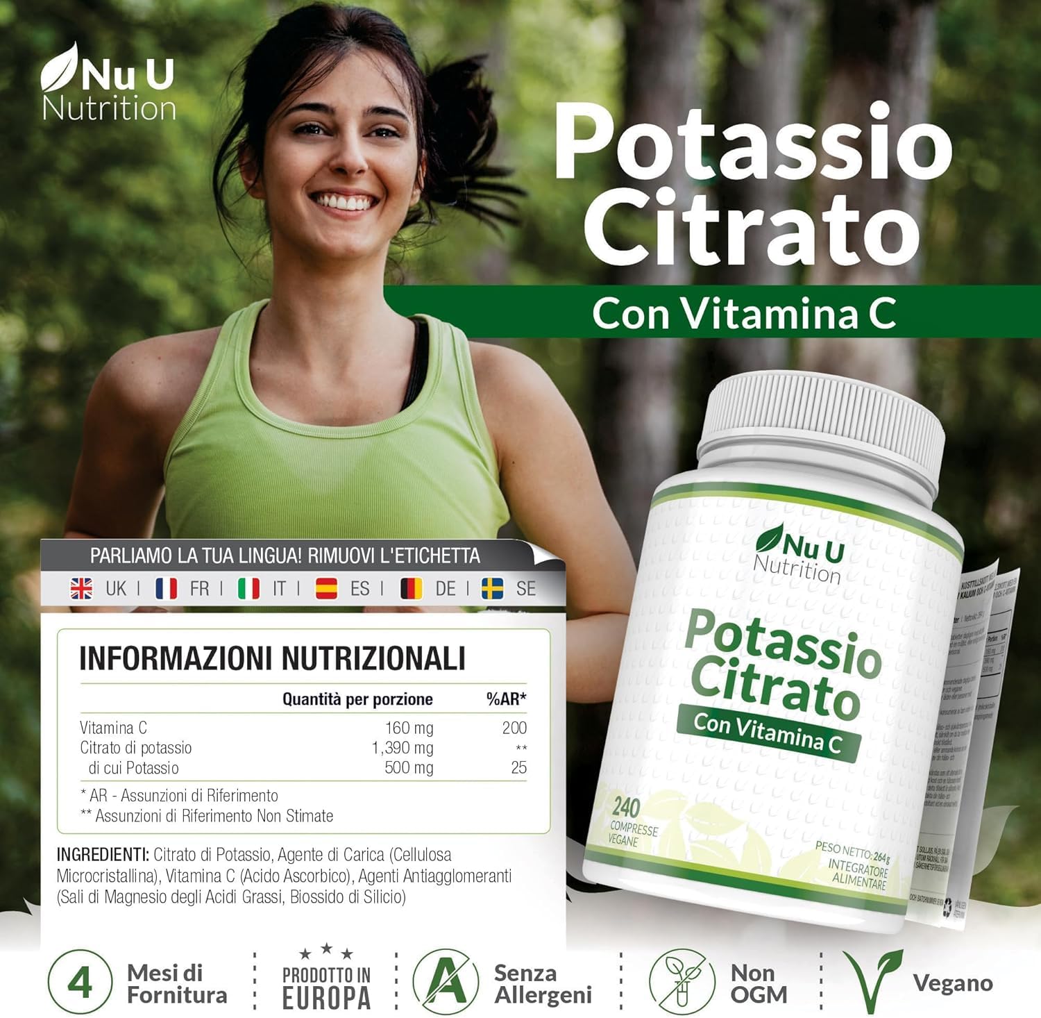 Potassio 1550 mg & Vitamina C - 240 Compresse Vegane - 4 Mesi di Scorta - Citrato di Potassio ad Alta Potenza - Prodotto in Europa - Nu U Nutrition