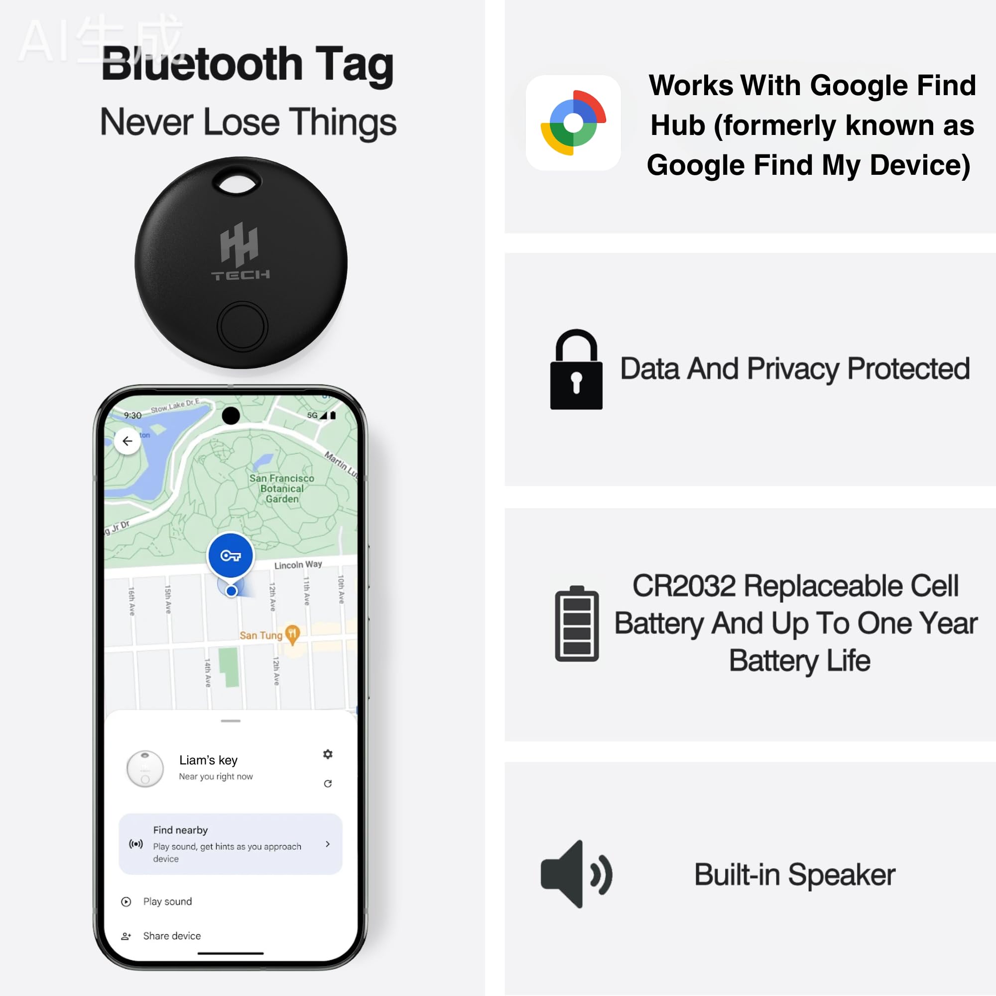 HH-Tech Tag Tracker Android (Pack-4 Black+White Android solo) Funziona con Google Find My, Find Hub, Smart Tag Tracker, Item Finder, Traccia facilmente chiavi, portafoglio, borsa, valigia e altro