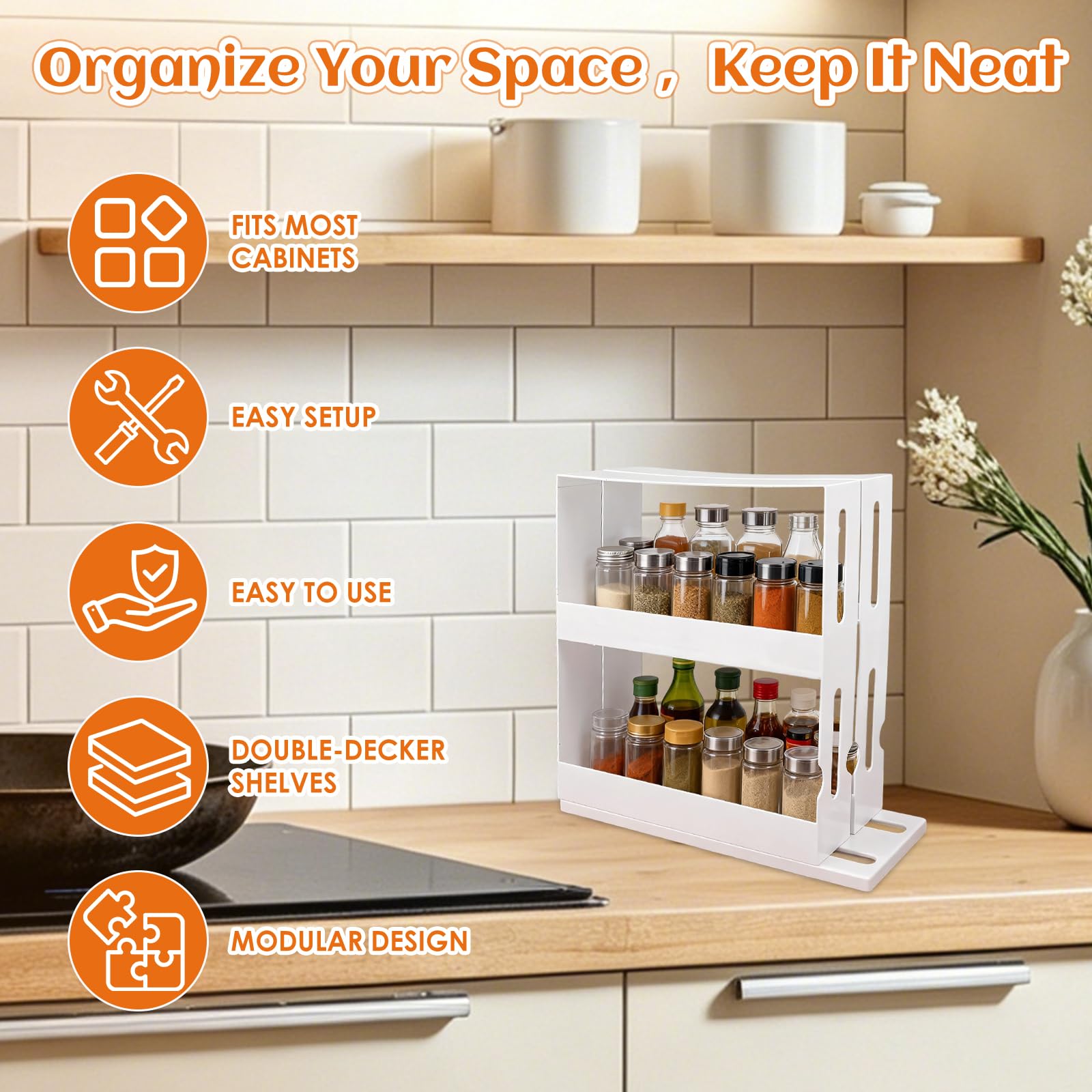 Buachois Cestello Estraibile, 2 Livelli Design Scorrevole Porta Spezie Verticale di Grande Capacità, Organizzatore per Alimenti Girevole Estraibile Antiscivolo