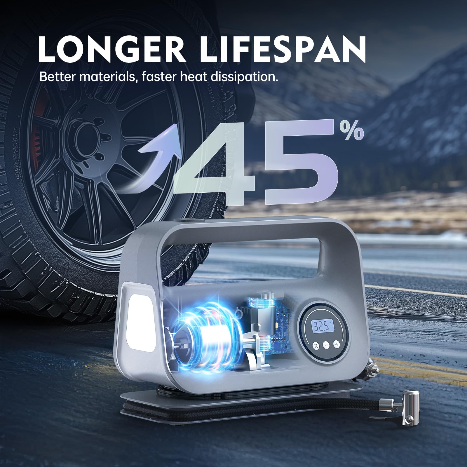 YIJU Inflador de neumáticos portátil compresor de aire bomba de aire para neumáticos de coche, accesorios de coche, bomba automática de 12 V CC con manómetro digital, luz LED de emergencia para