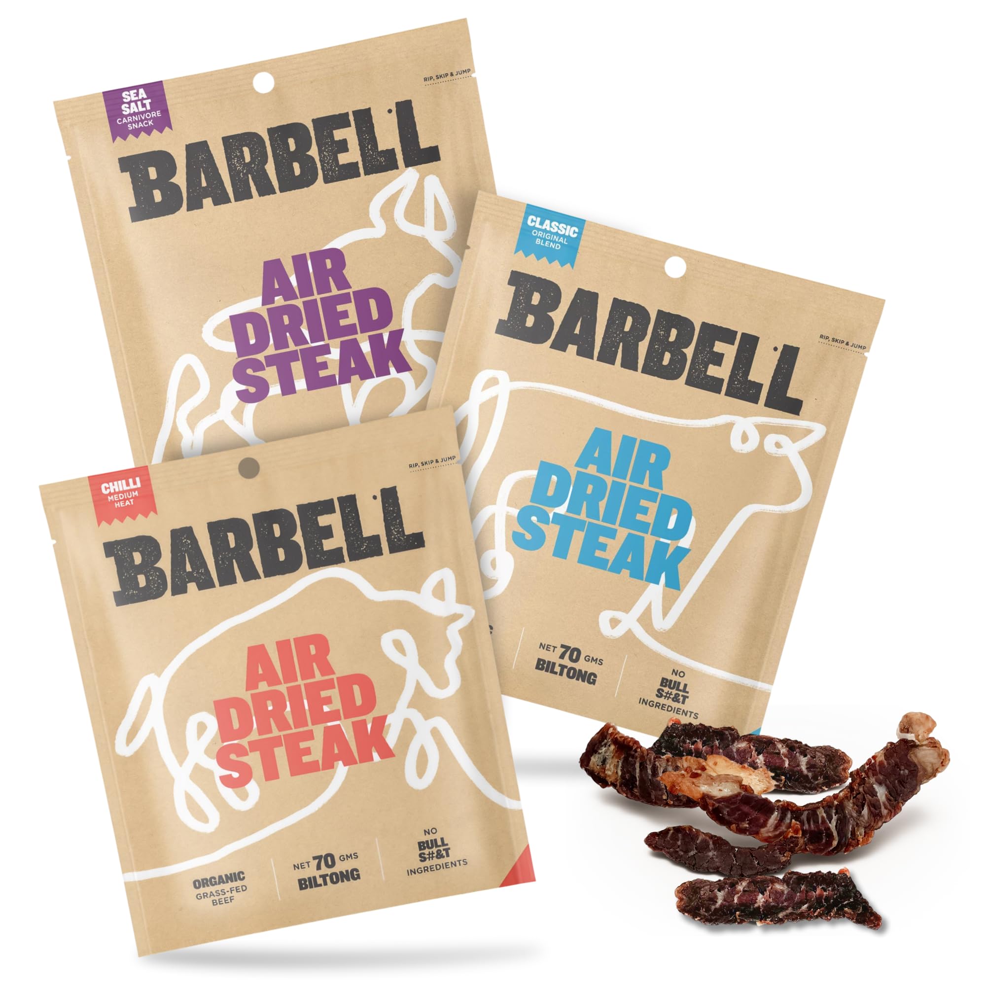 Barbell Biltong Air Dried Steak, Sample Pack, 3x70g Bags (Classic, Chilli & Sea Salt), Grass-Fed Beef, High Protein Meat Snack - 70g (Pack of 3)