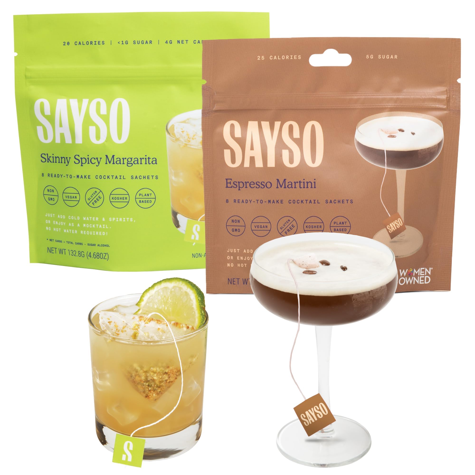 SAYSOSkinny Spicy Margarita & Espresso Martini Cocktail Tea Bags - Instant Cocktail or Mocktail Mixers - No Hot Water - Professionally Crafted - Home Bar - Organic Ingredients, 16-Pack