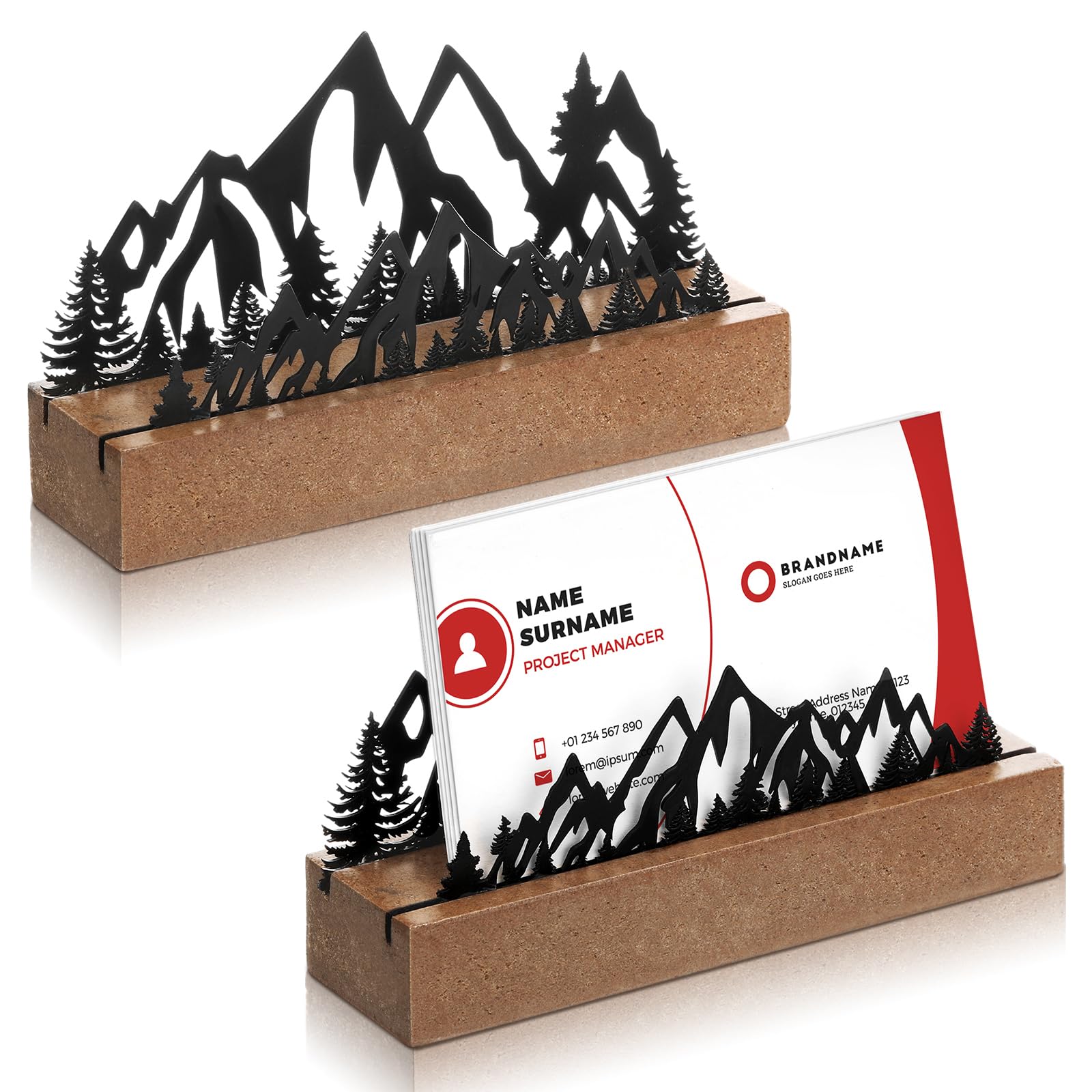 CroBlissful 2 Pcs Mountain Business Card Holders for Desk, Wood&Metal Black Mountain Range Forest Silhouette Business Card Display Stand for Home