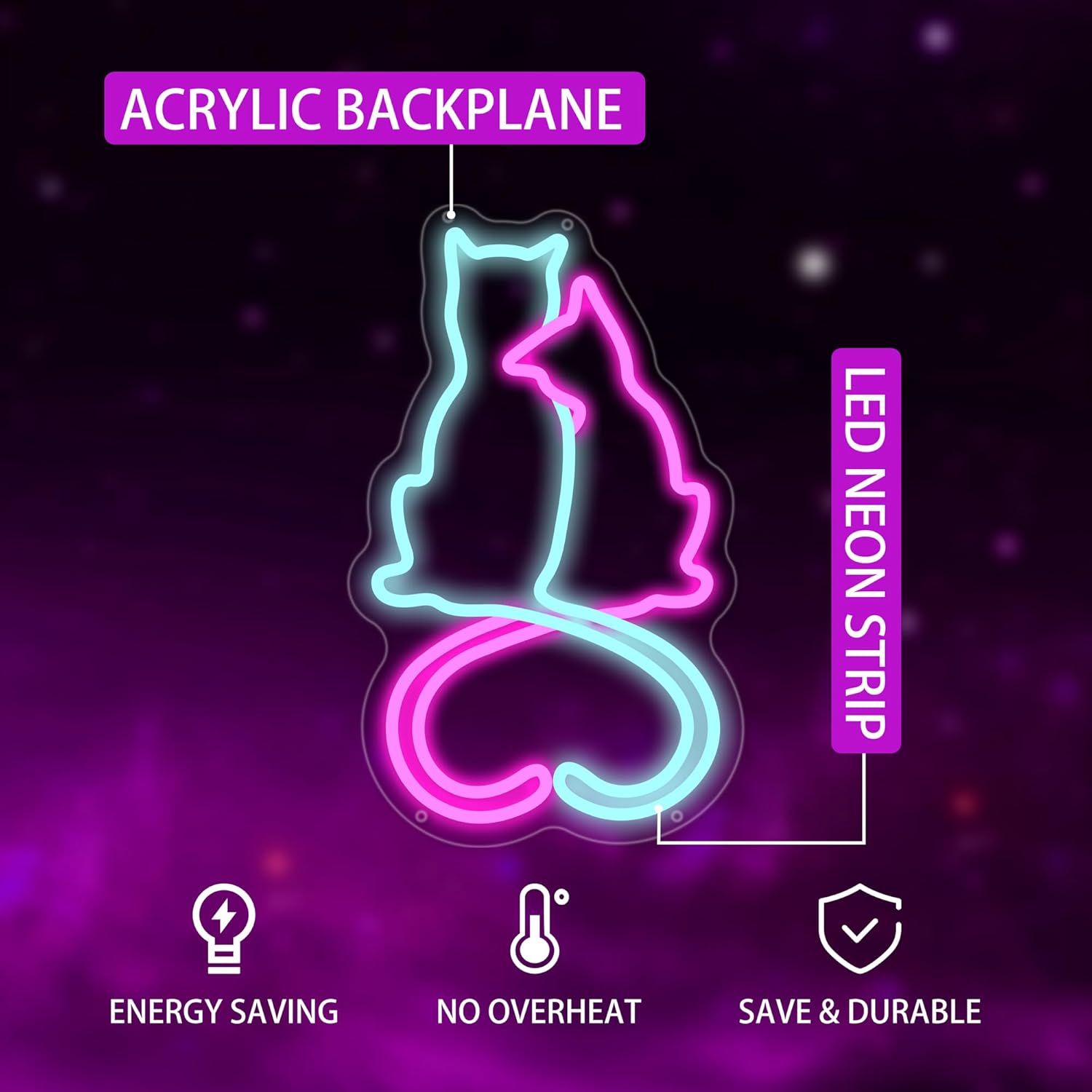 Two Cat Neon Signs for Wall Decor, Love Cat Neon Lights Signs for Room Decor, Cute Led Light Up Sign with USB Powered for Girls, Bedroom, Home Decoration - Image 2