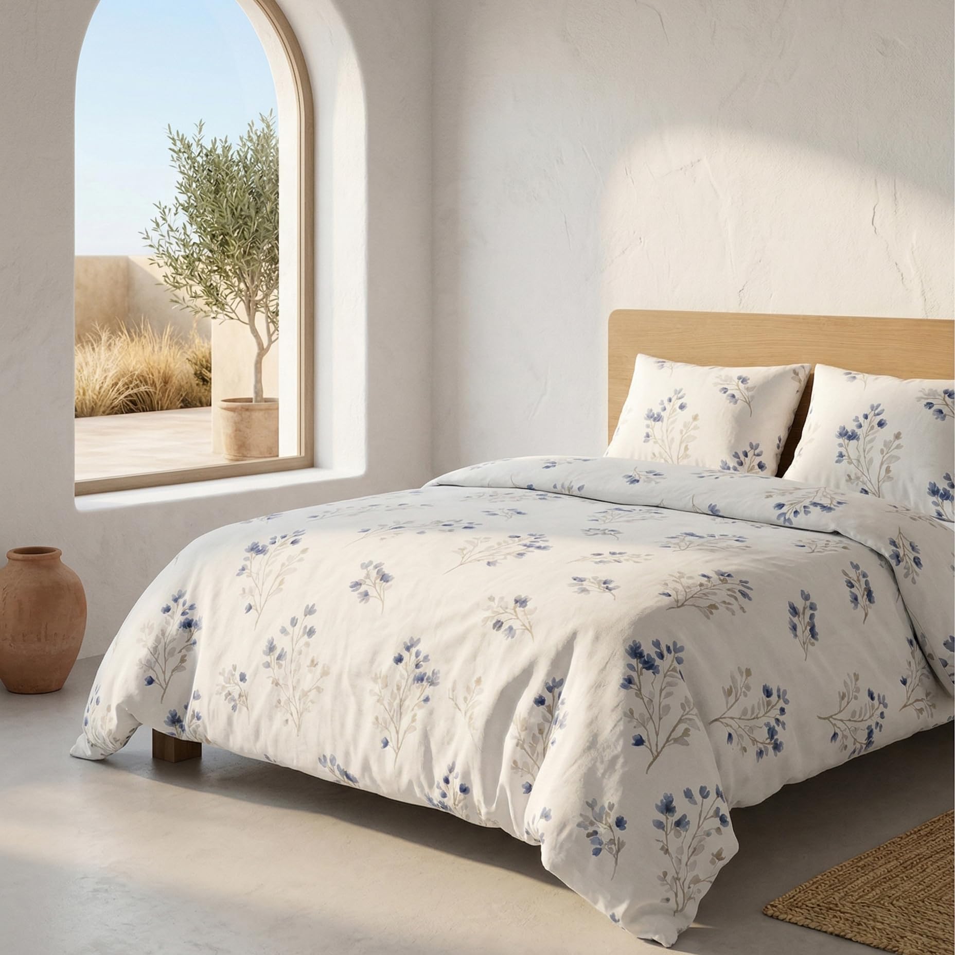 Duvet Cover Set 100% Cotton Floral 135/140 cm Bed with Pillowcases, Blue, Reversible. No Filling Included.