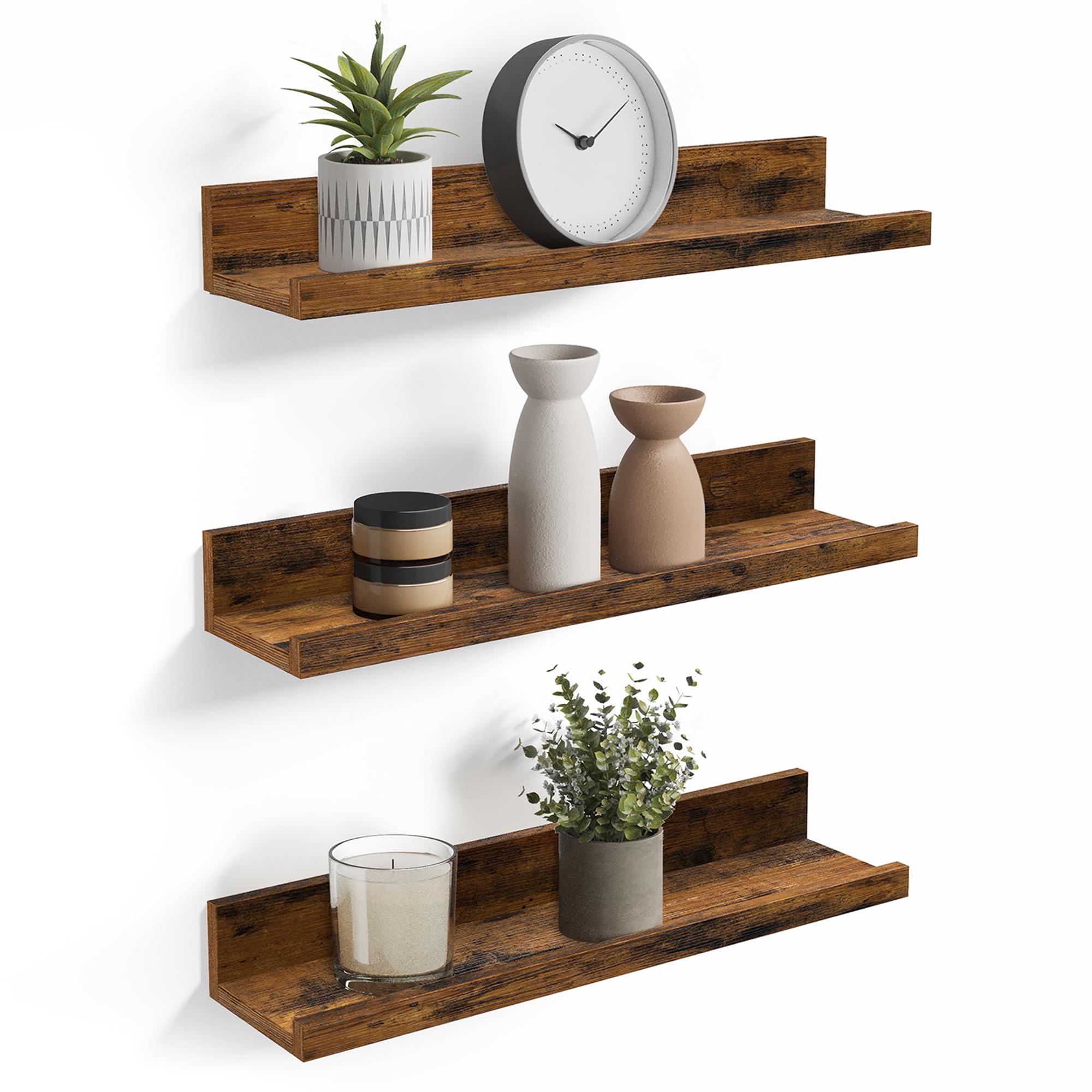 VASAGLE Set of 3 Hanging Shelves Floating Shelves 38 cm Length with High Edges for Photo Frames Decoration Spices for Kitchen Living Room Rustic Brown LWS037X01