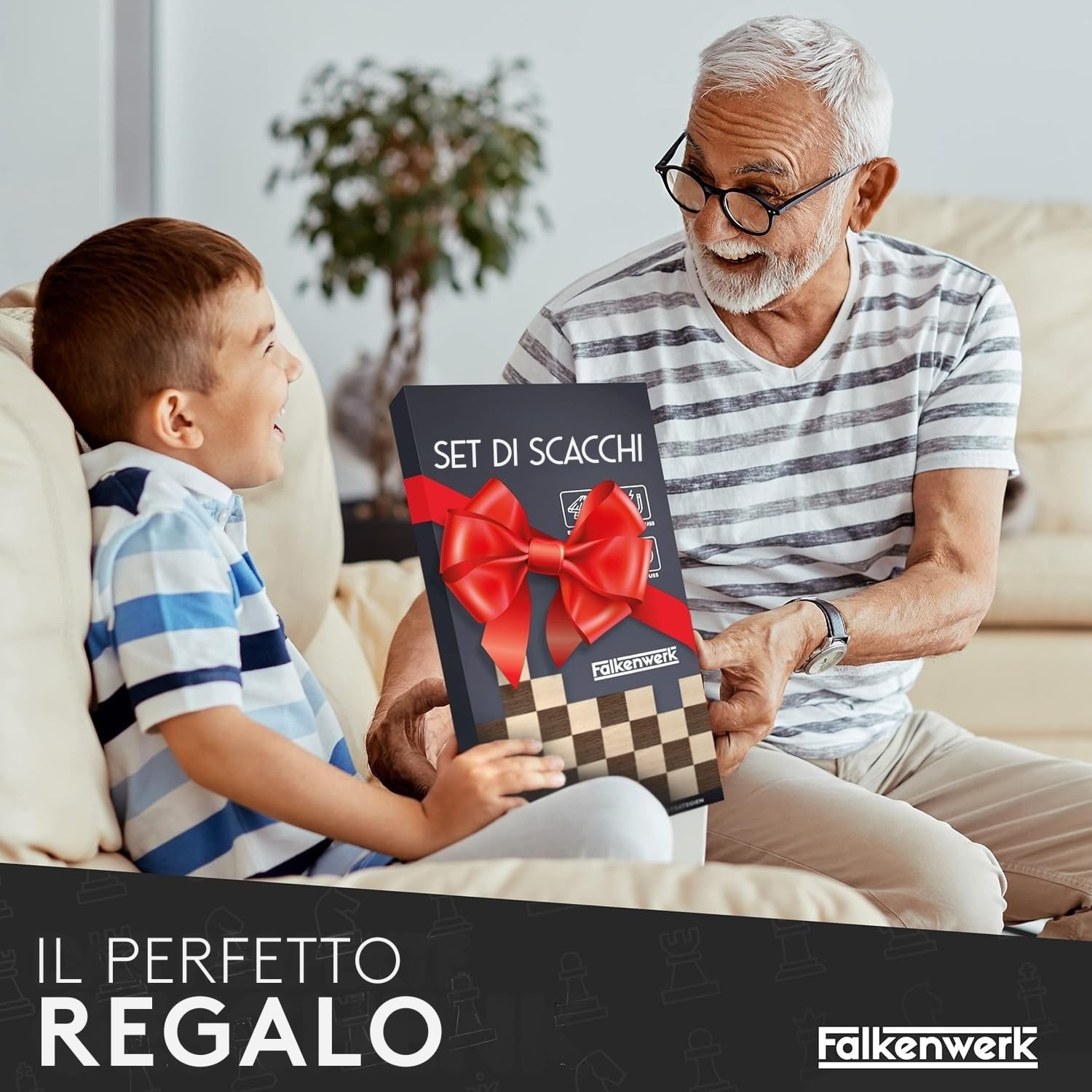 FALKENWERK Scacchiera magnetica in legno [38x38 cm], scacchiera realizzata a mano in vero legno, tagliere di alta qualità, tavola pieghevole con maniglia per il trasporto, regalo