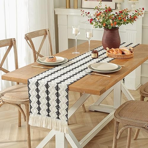 Miniatura 2 de Camino de mesa bohemio de lino y algodón de 13 x 72 pulgadas, macramé de granja con borlas, diseño de rayas tejidas en blanco y negro para comedor y