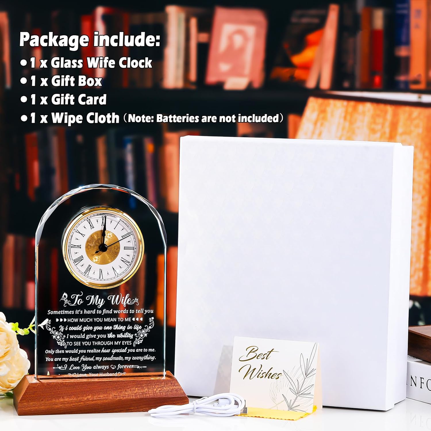 Glass Clock Gifts for Wife from Husband with Wooden Light Base, Personalized Gift for Wife Who Has Everything on Birthday Valentine's Day, Presents for Her on Christmas Home Desk Clock - Image 7
