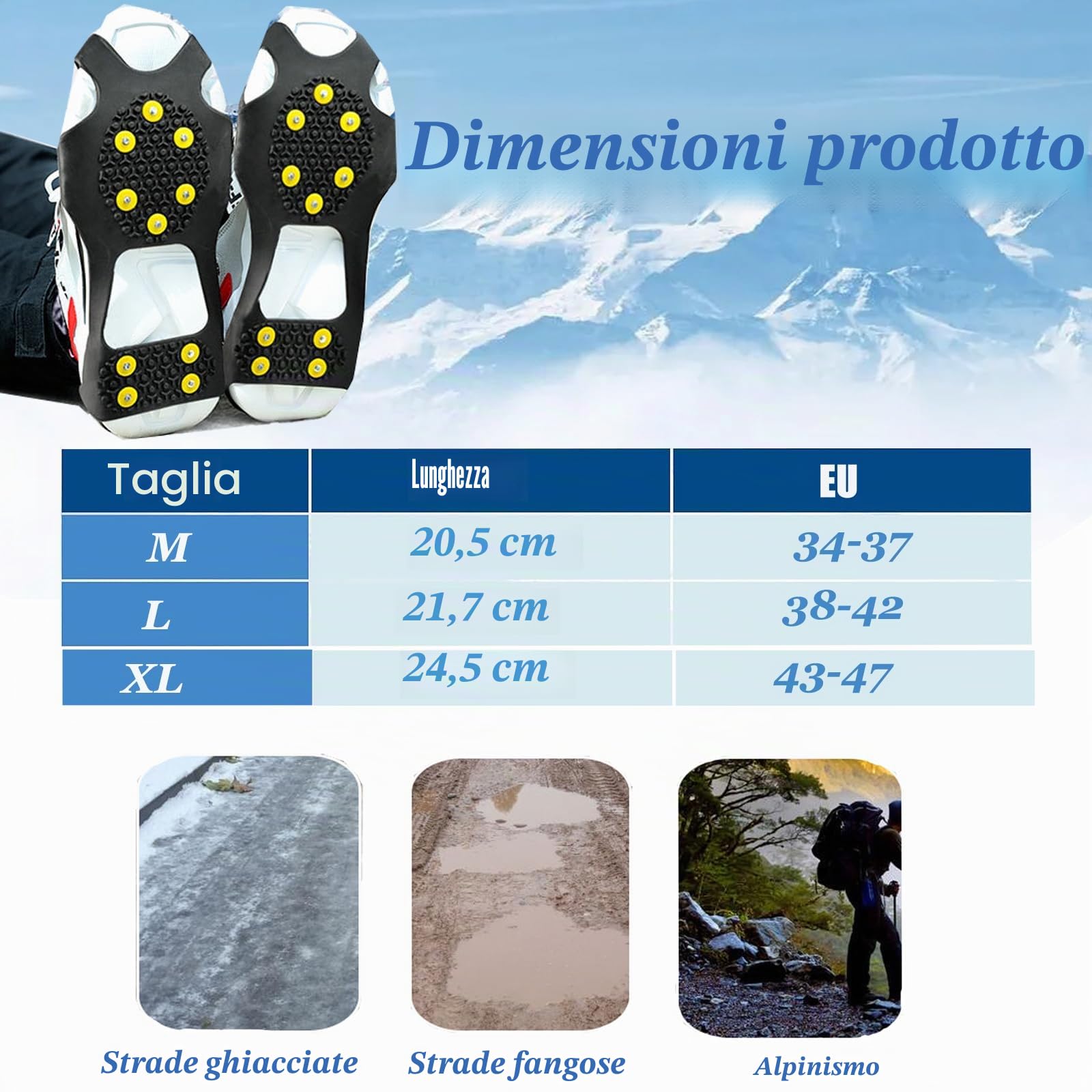 Ramponi per Scarponi,Ramponcini da Ghiaccio Antiscivolo,Neve Ghiaccio Ramponi Tacchetti Spikes per Scarponi da Alpinismo,Scarpe per Ghiaccio Trazione e Outdoor Sci in Inverno 34-47