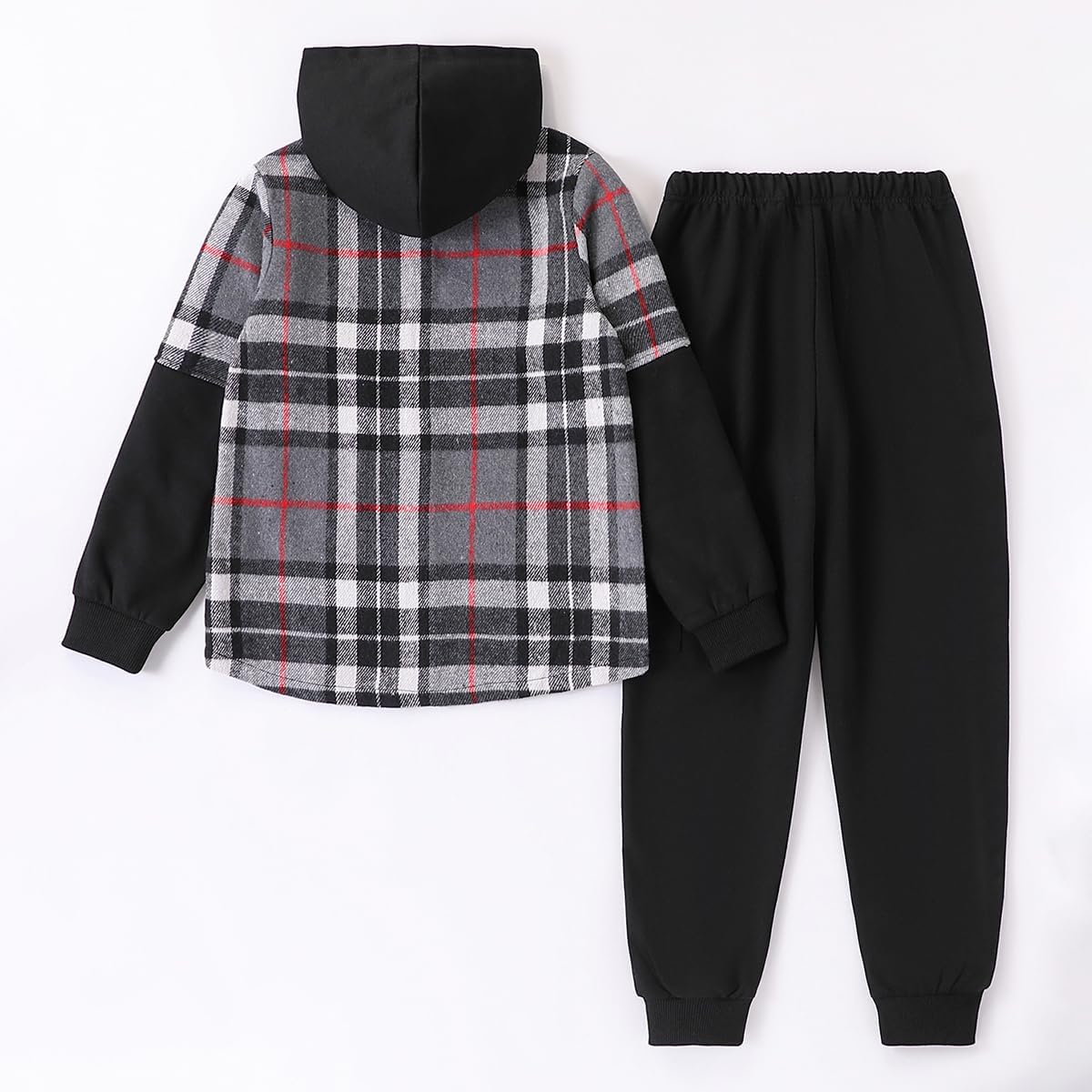 2Pcs Boys Clothes Sweatsuit Set Hoodie Flannel Plaid Shirt and Jogger Pants for Kids Fall Winter Spring Outfits - Image 2