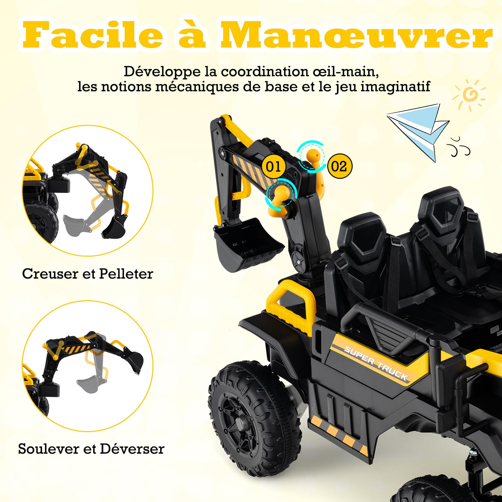 COSTWAY 24V Voiture Excavatrice Électrique Enfant avec Télécommande & Pelle, Camion Électrique 2 Places avec Musique & Lumières & Klaxon, 2,6-5km/h, Charge 25kg, Tracteur pour 3 Ans+, Jaune