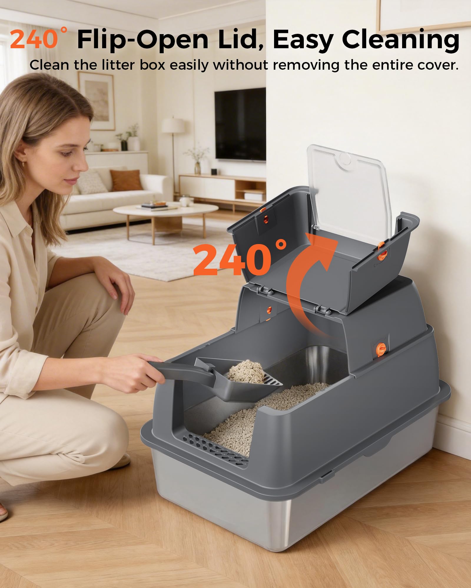 GTPLAYER XXL Stainless Steel Cat Litter Box with Lid, High Sided Enclosed Covered Litterbox, Activated Carbon Odor Control, Extra Large Metal Cat Box, Non-Stick, with Mat & Scoop, Grey - image 6