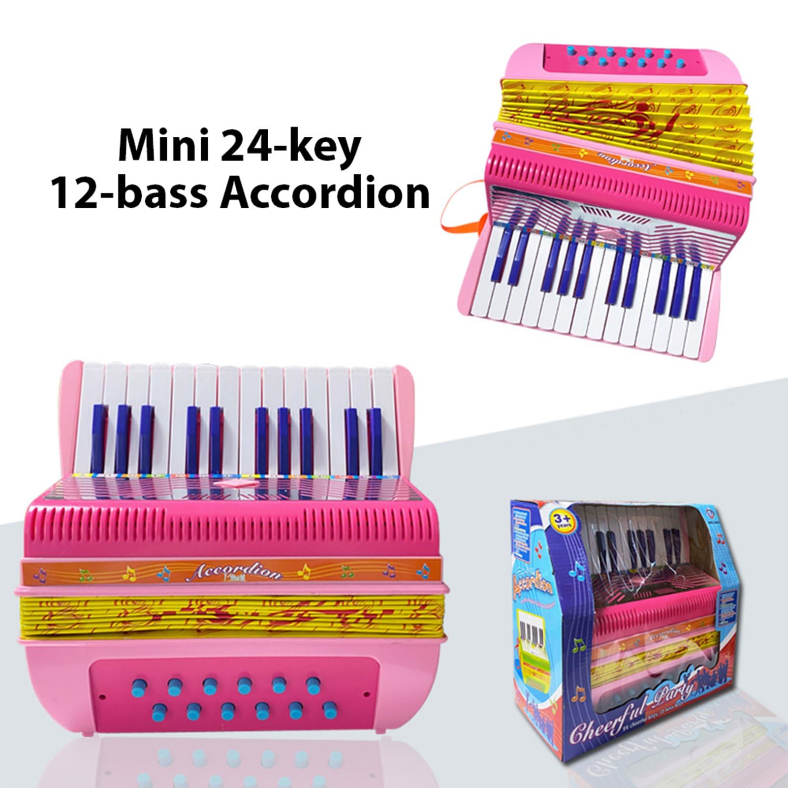 SEAFRONT Akkordeon, 24 Tasten, 12 Bässe, ABS, Tragbare Knopfkonzertina mit Schnalle für die Musikausbildung, Bühnenaufführungspraxis (Grün/Pink) (PINK)