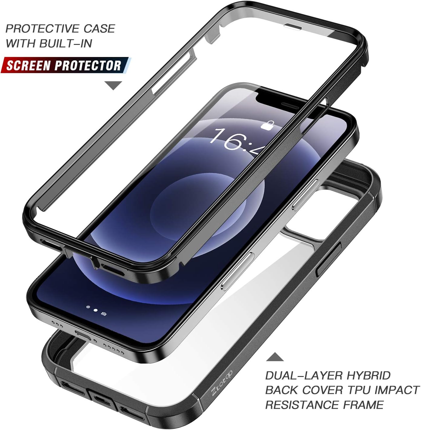 ZtotopCase for New iPhone 12 Case/iPhone 12 Pro Case 6.1 Inch 2020, [Built-in Screen Protector] Dual-Layer Shockproof Protective Case for iPhone 12 6.1'' / iPhone 12 Pro 6.1'' 2020, Black
