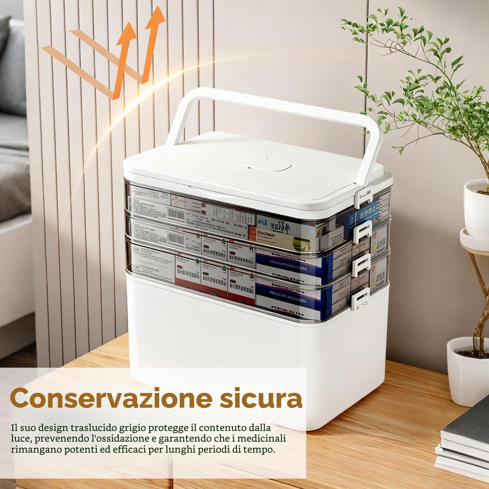4 Livelli Organizer Farmaci Casa, Organizzatore di Medicine Cassetta Medicinali con Chiusura Sicura Scomparti Regolabili, Portapillole Settimanale per Casa Ufficio Scuola
