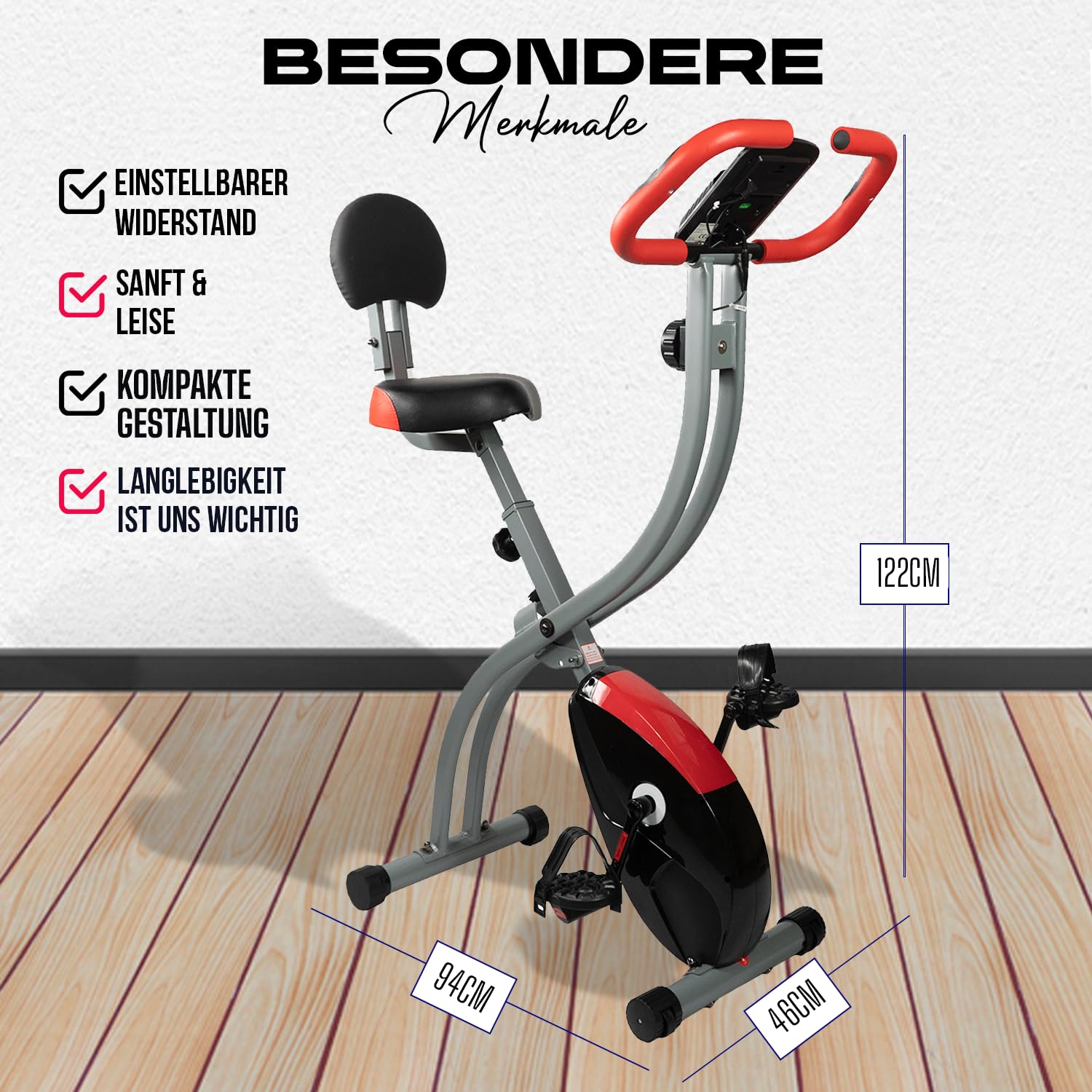 Senioren Heimtrainer, faltbarer Fahrradtrainer, Heimtrainer, Fitnessfahrrad LCD Trainingscomputer, klappbarer Hometrainer, inklusive Pulsmessung, 8 Widerstandsstufen