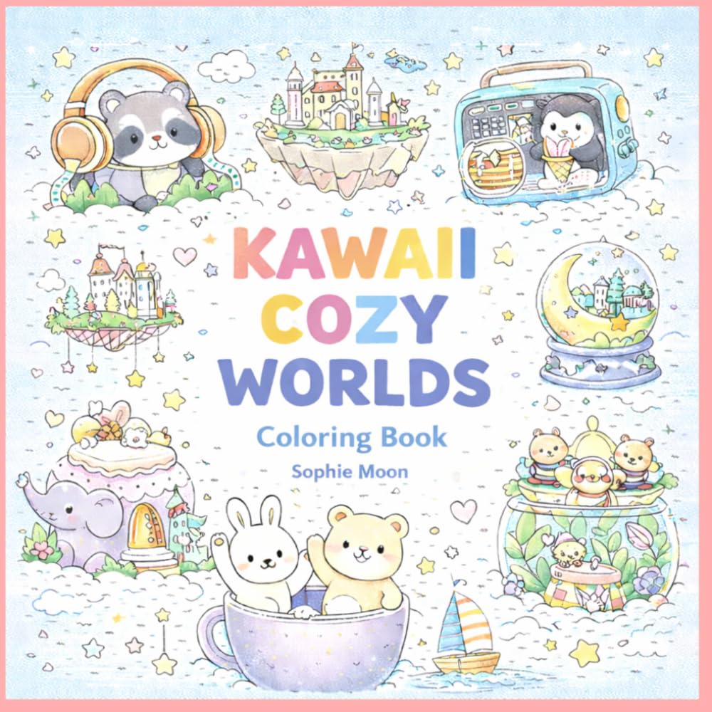 Kawaii cozy worlds: A Cute and relaxing Coloring book with magical mini worlds, cozy scenes and adorable animals for stress relief for adults and teens