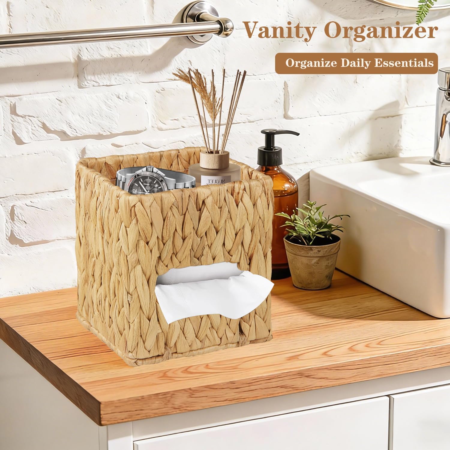 Woven Tissue Box Cover Square with Storage Tray, Tissues Cube Box Holder | Farmhouse Wicker Facial Tissue, Water Hyacinth Dispenser and Organizer for Bathroom, Countertop, Vanity, Nightstand, Decor