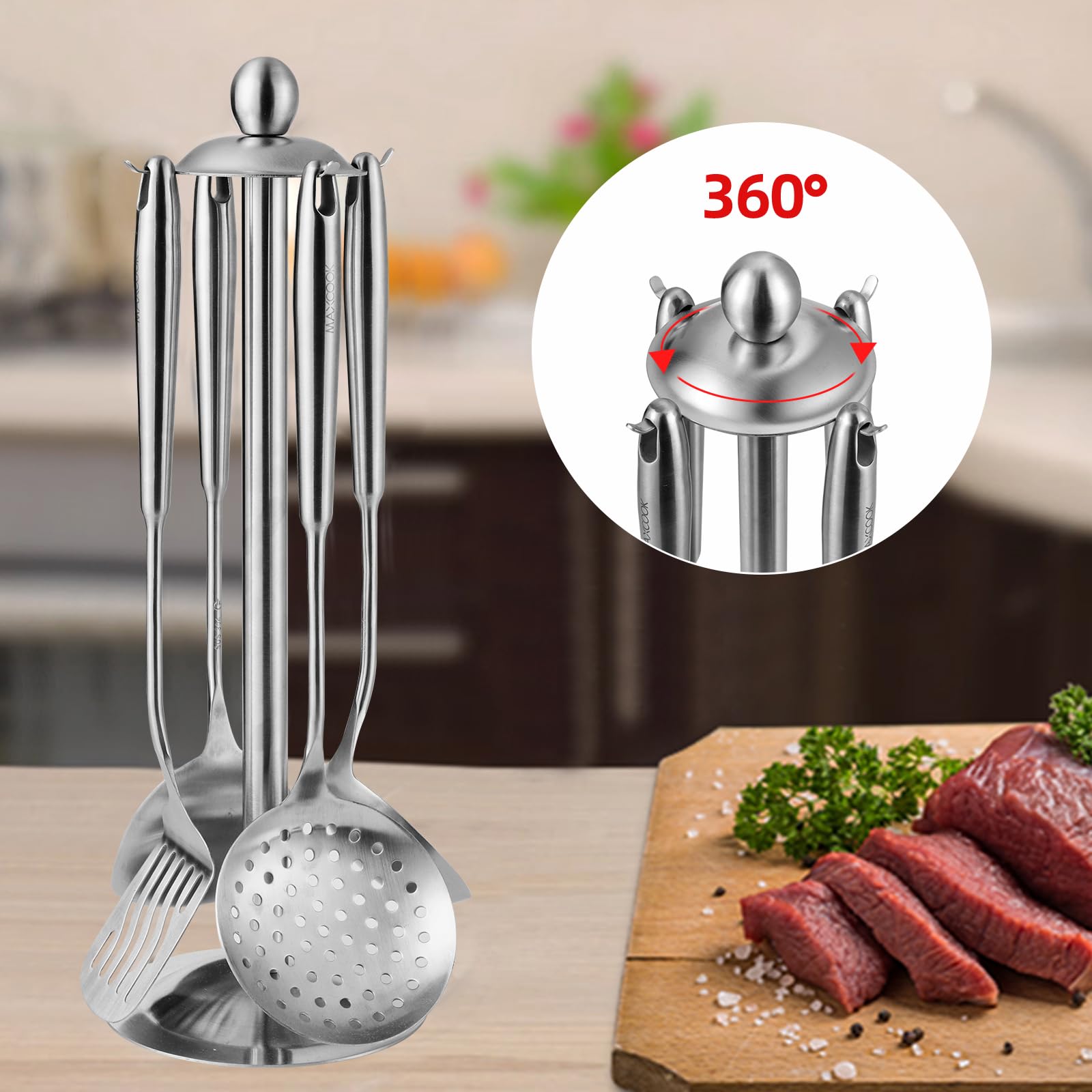 5-teiliges Kochutensilien-Set, 18/8 Edelstahl, Küchenhelfer-Set mit drehbarem Halter (spülmaschinenfest)