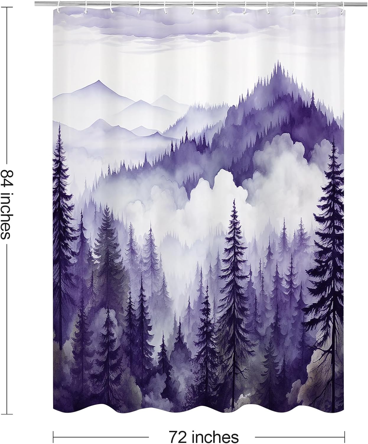 Purple Extra Long Misty Pine Forest Shower Curtain 72 x 84, XL Mountain Foggy Woodland Scenery Tree Shower Curtains for Bathroom, Abstract Waterproof Nature-Themed Decor