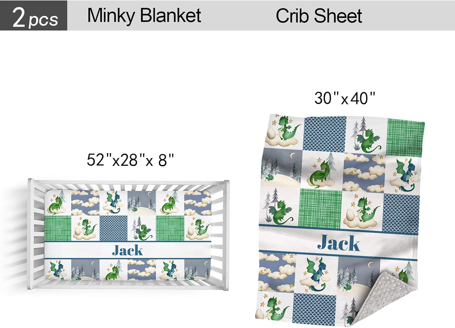 Personalized Baby Crib Bedding Sets for Boy Girl, Custom Crib Bedding Set with Name, Cute Dragon Green Nursery Bedding, 2 Piece Crib Bedding Sets, Name Crib Comforter, Crib Fitted Sheets for Babies