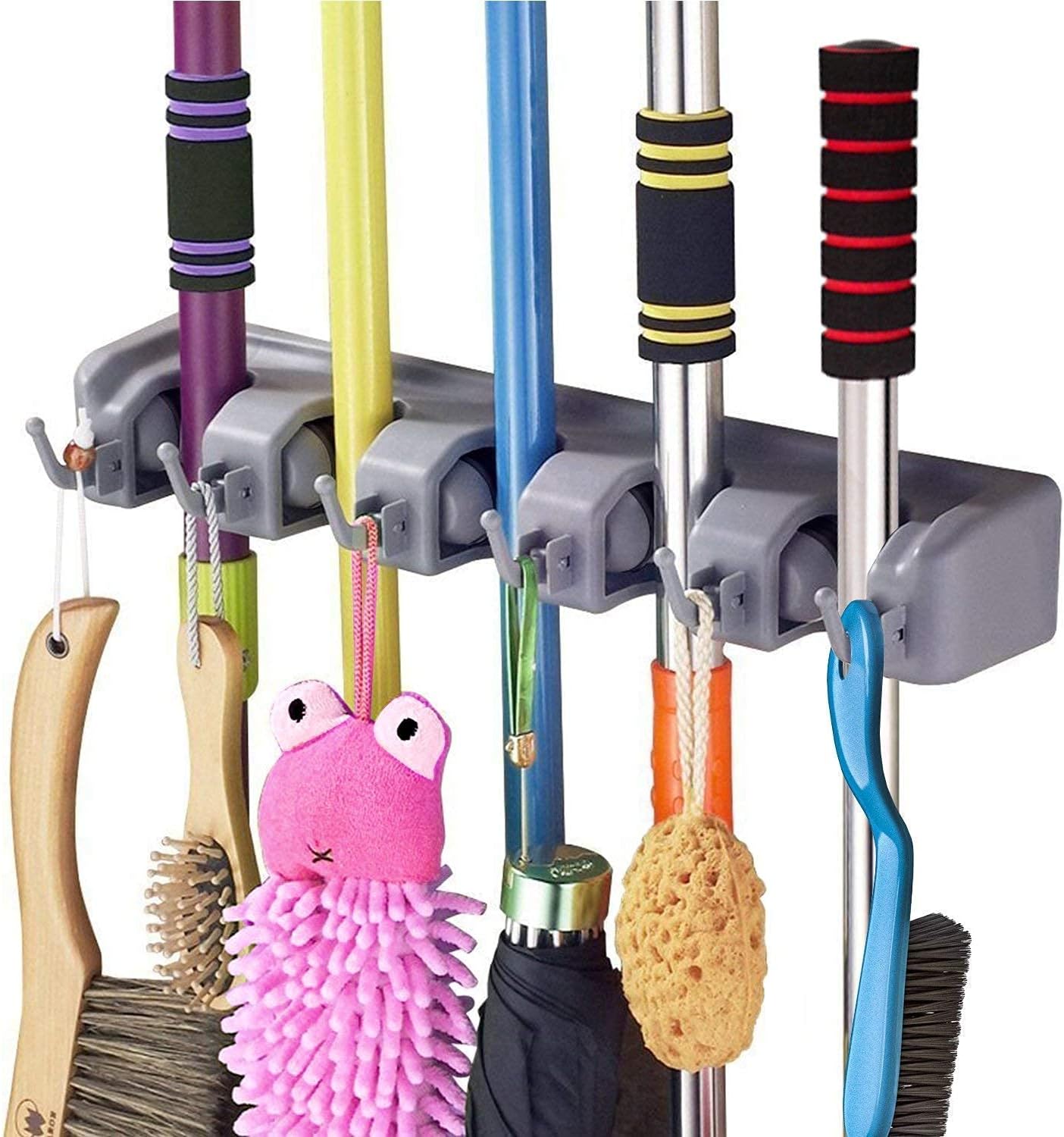 KD Zone Plastic Multipurpose 5 Slot Wall Mounted Mop and Broom Holder with 6 Hooks Garage Storage up to 11 Tools Wall Mounted (Grey)