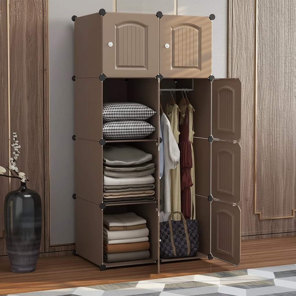 EXVITO Collapsible Wardrobe Storage Cabinet | 8 Door Plastic Modular Clothes Organizer for Kids | Foldable Wardrobe Storage Rack with Hanging Space | Multi-Purpose Kids Closet Organizer – Brown