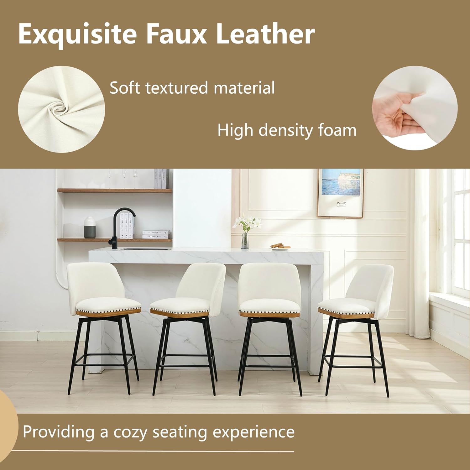 Swivel Counter Height Bar Stools Set of 4, 26" Upholstered Linen Fabric Bar Stools with Back, Wood Trim, Upholstered Counter Chairs for Kitchen Island, Chenille White