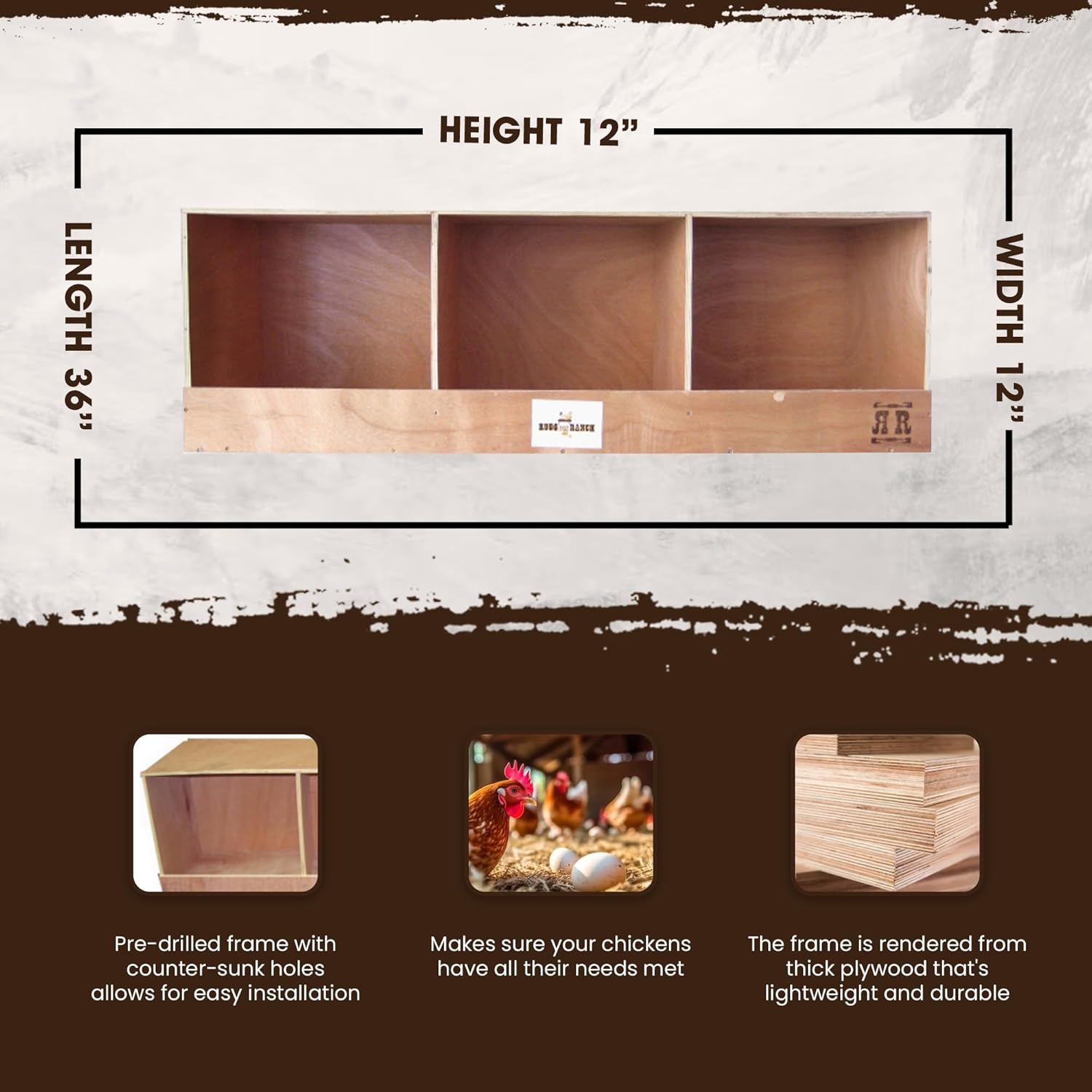 Rugged Ranch TRIPLEX RuggEgg Primitive Barn Wooden Chicken Coop Triple Nesting Egg Boxes for 3 Hens or Chickens, Natural Brown