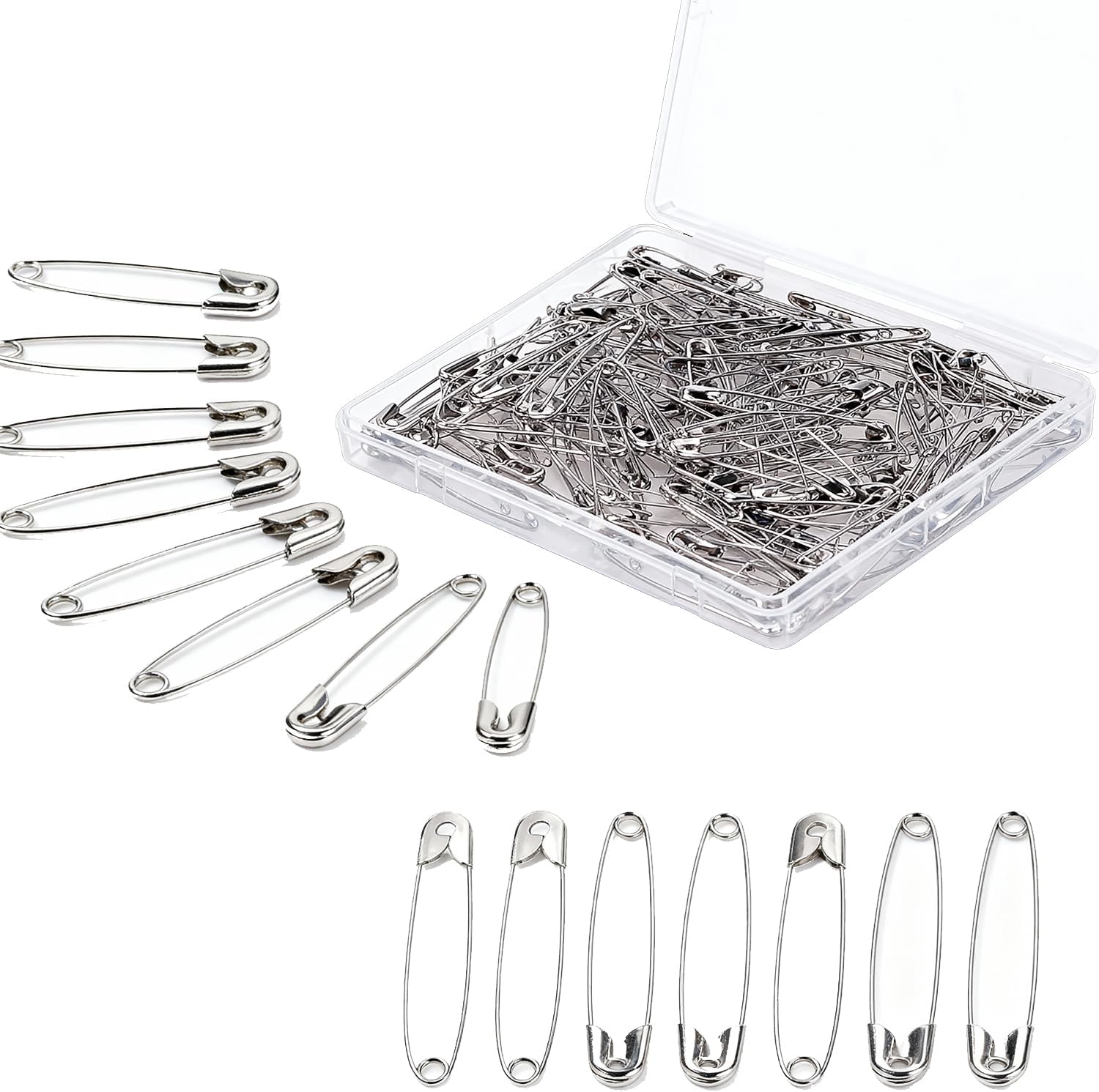2 Inch Safety Pins, 120 Pack - Large, Nickel Plated Steel Pins, Rust-Resistant for Clothes, Sewing, Crafts, Diapers with Storage Box