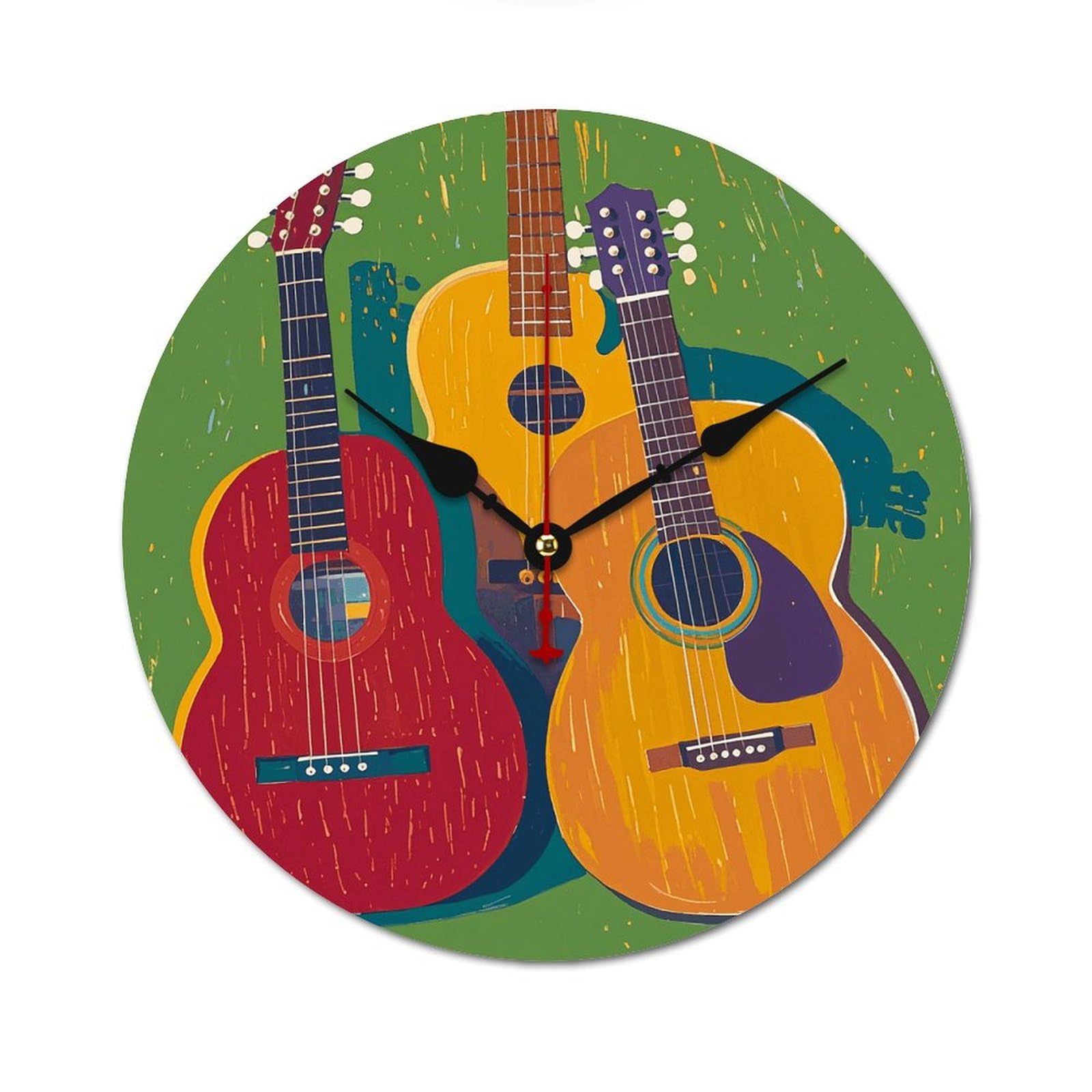 Horloge murale pour chambre et maison motif guitare en bois 24 cm