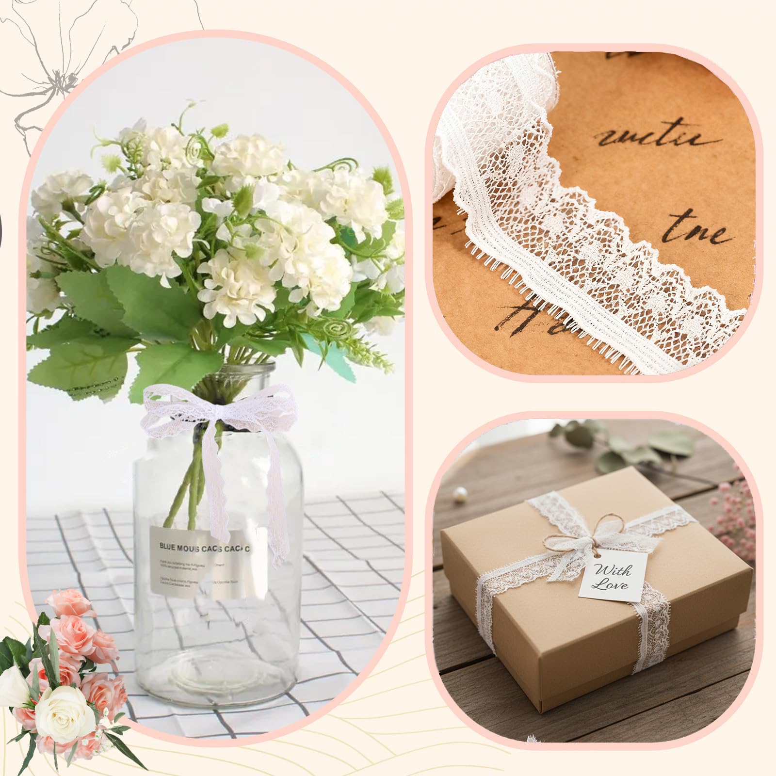 1.3CM x 10 Yards White Stretch Lace Trim,Elastic Floral Crochet Cotton Lace Ribbon for DIY Sewing, Bridal Wedding Dress Decoration, Crafts, Christmas Gift Wrapping