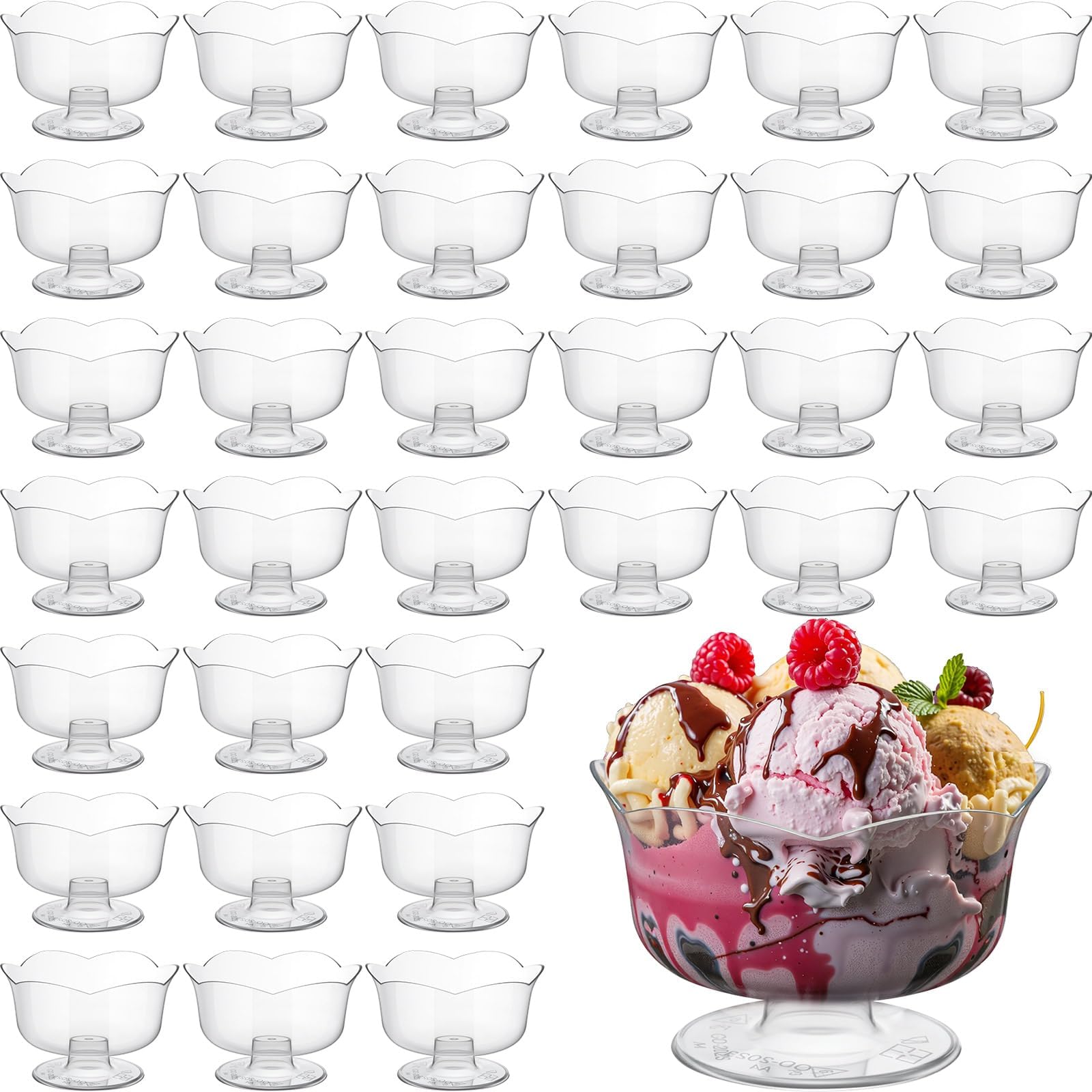 50 Pcs Plastic Dessert Cups, Dessert Bowl Mini Ice Cream Bowl Clear Flower Shaped Parfait Cup for Appetizer, Sundae, Fruit, Snacks, Condiment Wedding Baby Shower Party Supplies(3.5oz)