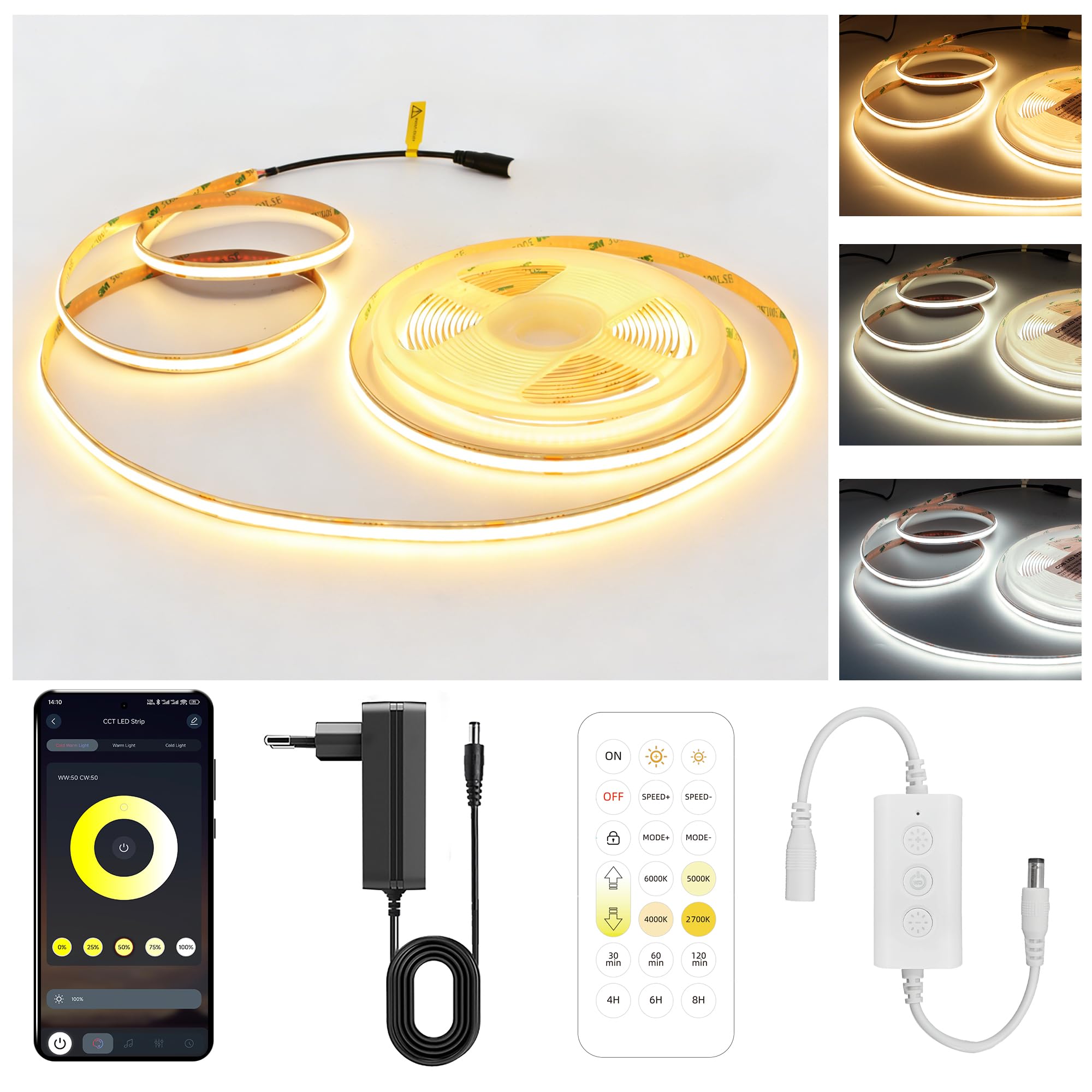 AXMOTUT LED Strip 10M CCT, Bluetooth CCT COB LED Streifen mit APP & Fernbedienung, Musik Sync, Dimmbar 2700K-6500K Farbwechsel Lichtband, Selbstklebend LED Beleuchtung für Zimmer, Schlafzimmer