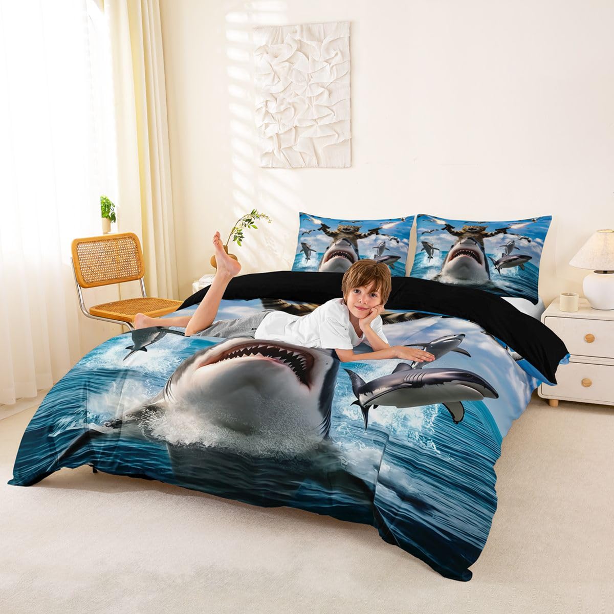 Homewish Szary Czarny Szop Podwójna Pościel Pod Morzem Rekin Zwierzęta Zestaw Poszwa Na Kołdrę Niebieski Ocean Fale Poszewka Na Kołdrę Zwierzęta Kawaii Śliczne Zestawy Łóżek