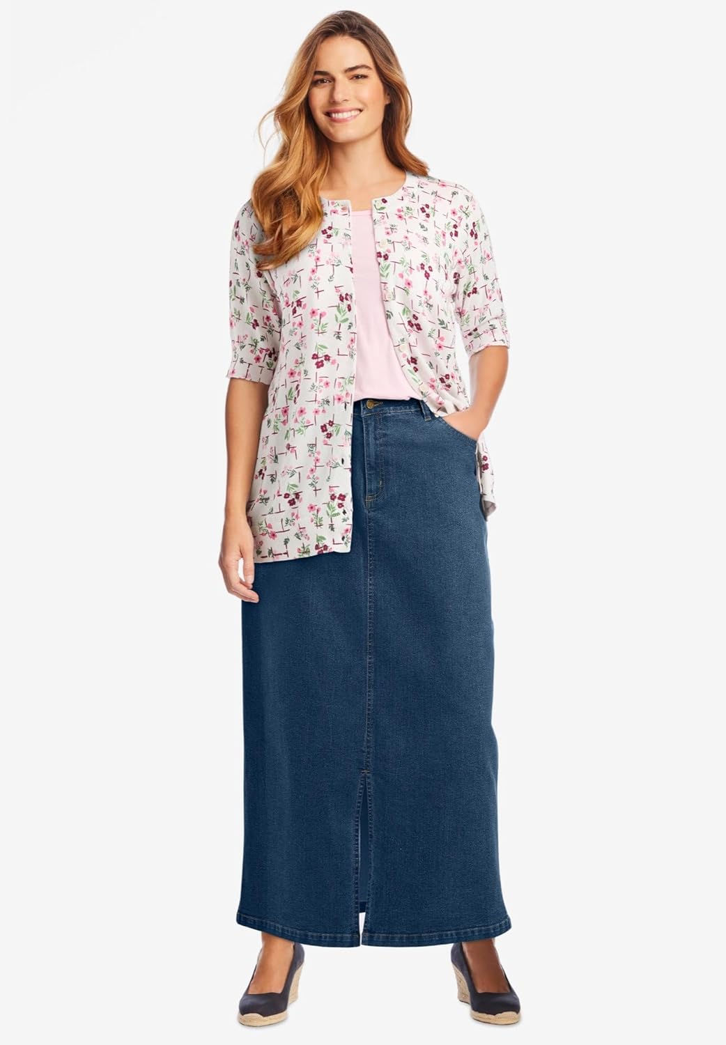 Woman Within Plus Size Stretch Denim Front-Slit Skirt