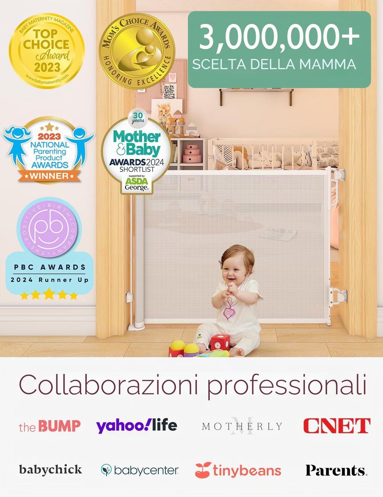 Momcozy Barriera Sicurezza, Blocco Auto, Retrattile, Bianco, 140 cm | Bambino, Scala, Cane, Una Mano, Corridoio, Cucina, Interno, Esterno