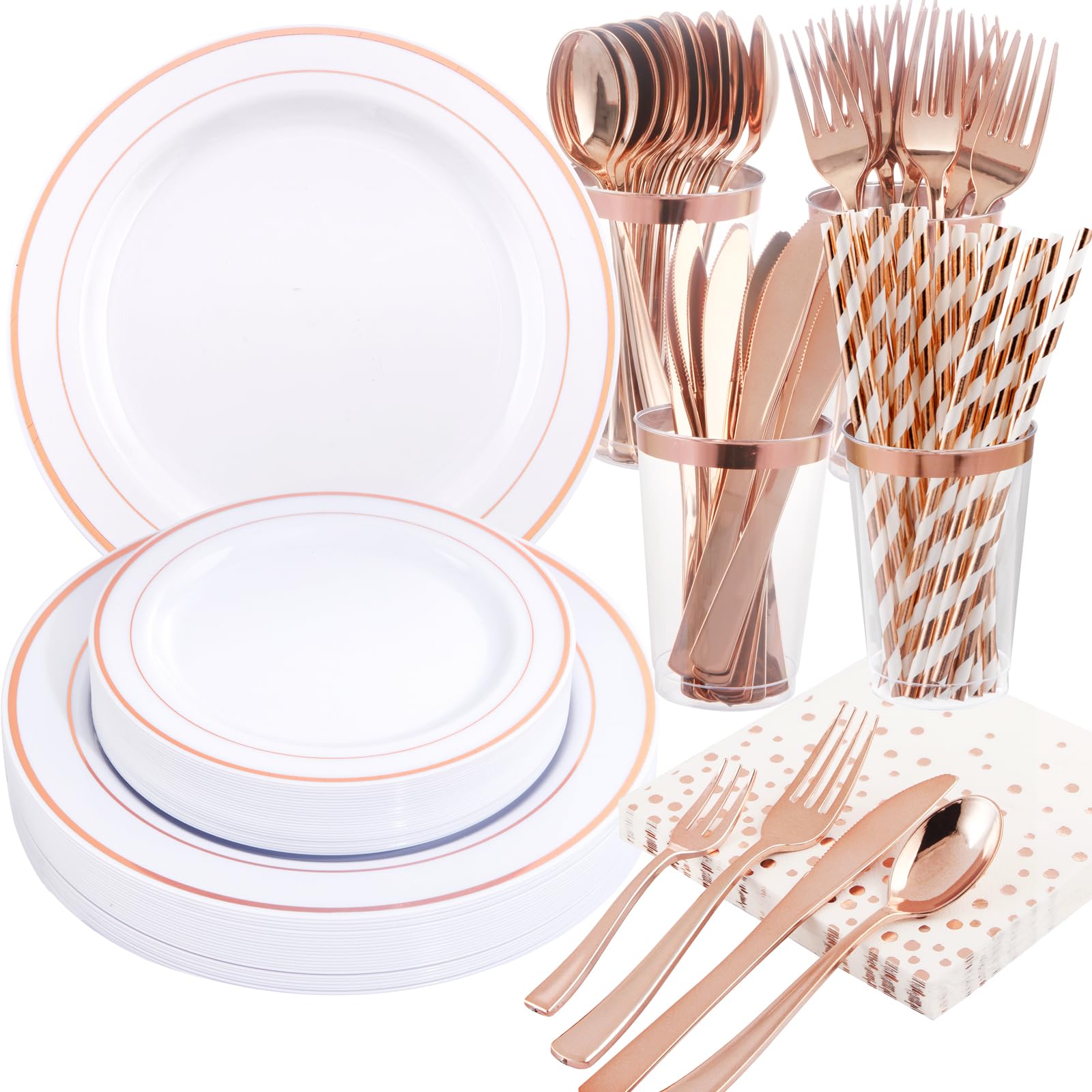 Ciaell 250PCS Rose Gold Plastic Plates White and Rose Gold Plastic